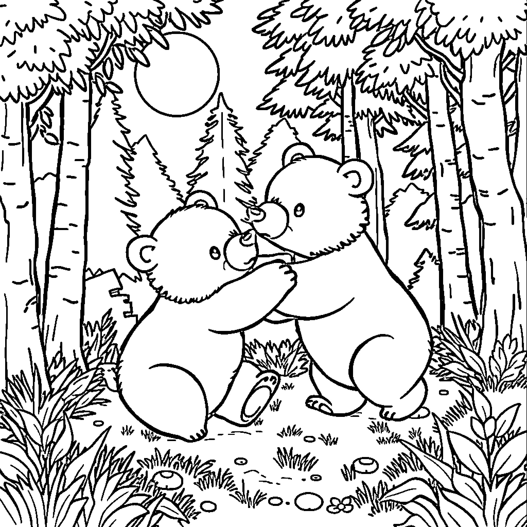 Bears enjoying a peaceful day in the forest Coloring Page (free black-and-white line drawing printable PDF for all, from beginners to advanced learners, including children, teens, adults, and seniors)
