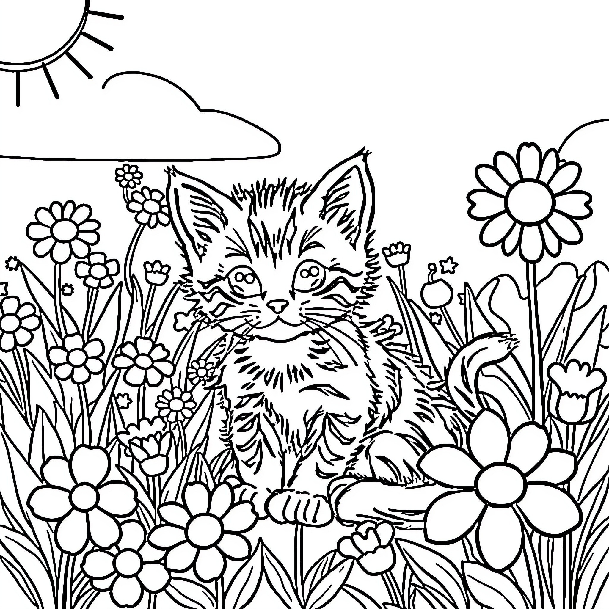 Kitten playing among colorful flowers Coloring Page (free black-and-white line drawing printable PDF for all, from beginners to advanced learners, including children, teens, adults, and seniors)