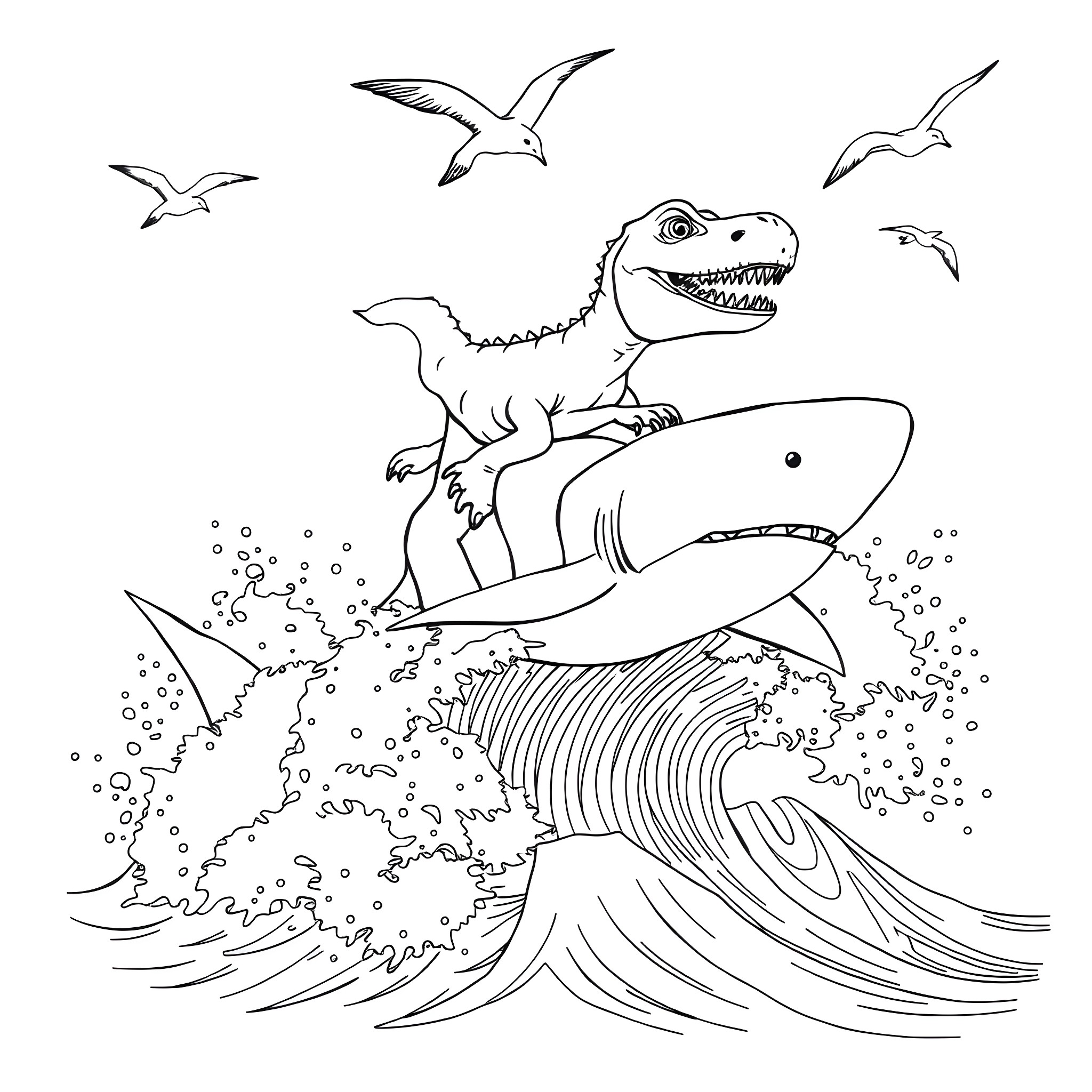 Dinosaur riding on a shark in the ocean with seagulls Coloring Page (free black-and-white line drawing printable PDF for all, from beginners to advanced learners, including children, teens, adults, and seniors)