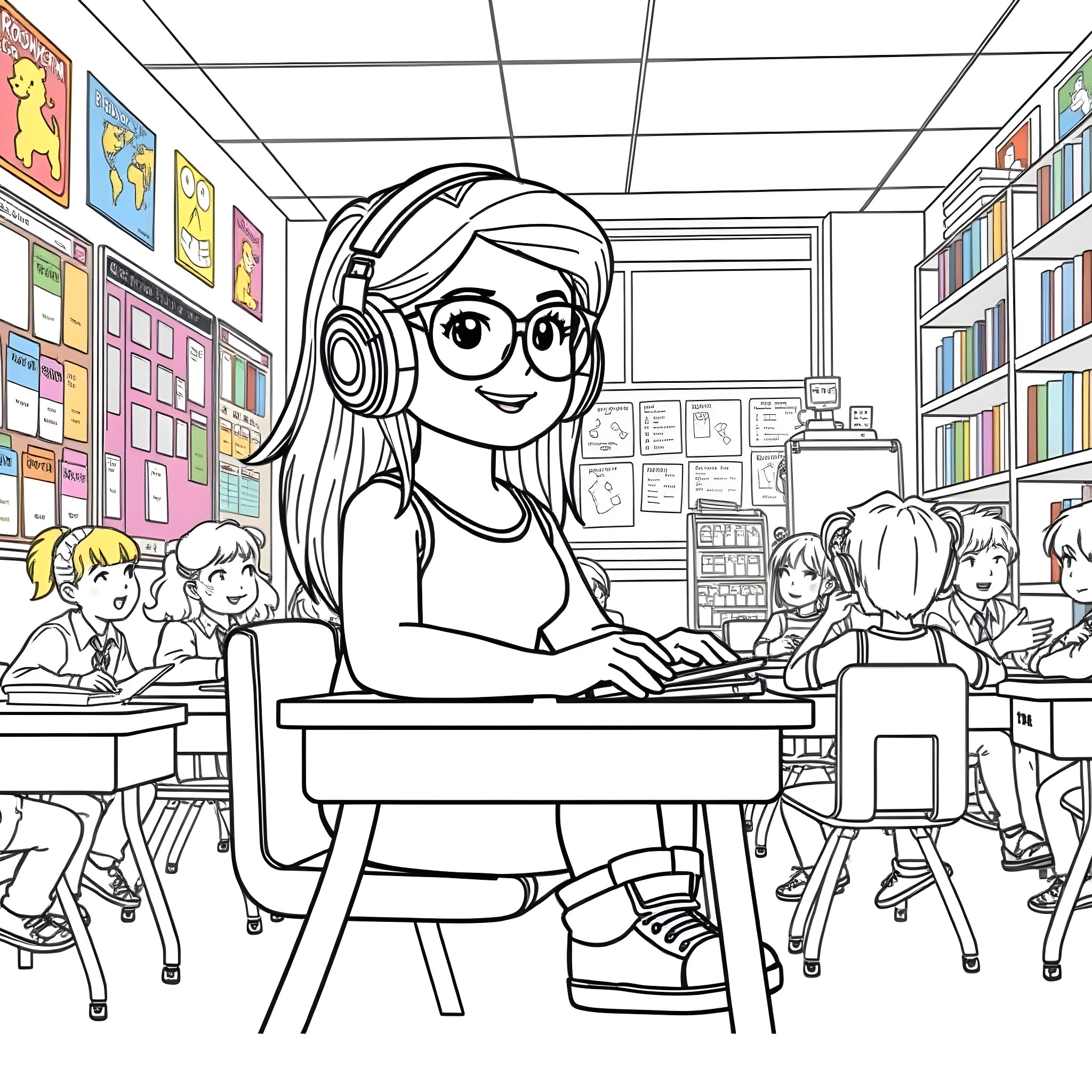 Roblox Girl Working Diligently in the Classroom Coloring Page (free black-and-white line drawing printable PDF for all, from beginners to advanced learners, including children, teens, adults, and seniors)