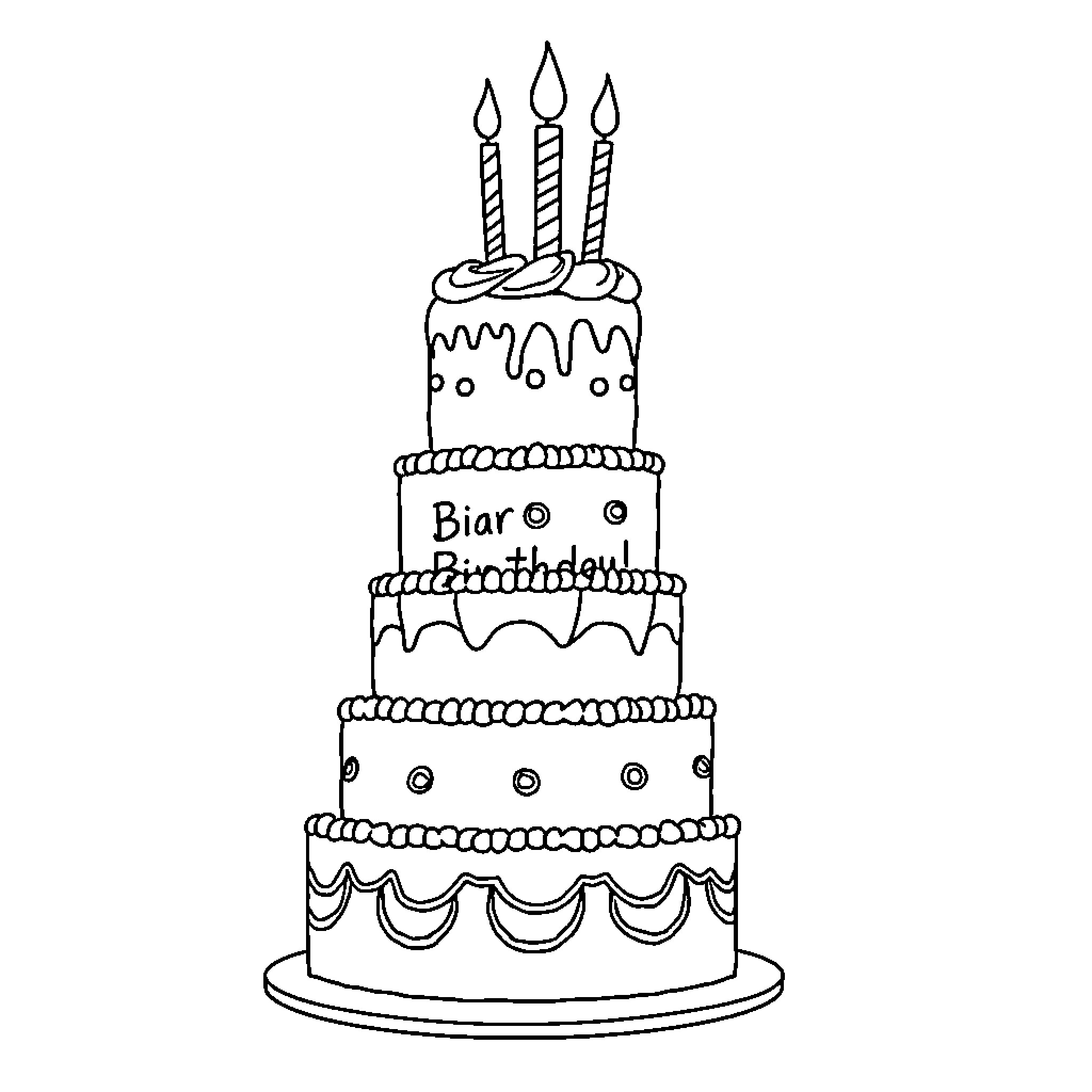 Birthday Cake with Candles and Decorations Coloring Page (free black-and-white line drawing printable PDF for all, from beginners to advanced learners, including children, teens, adults, and seniors)