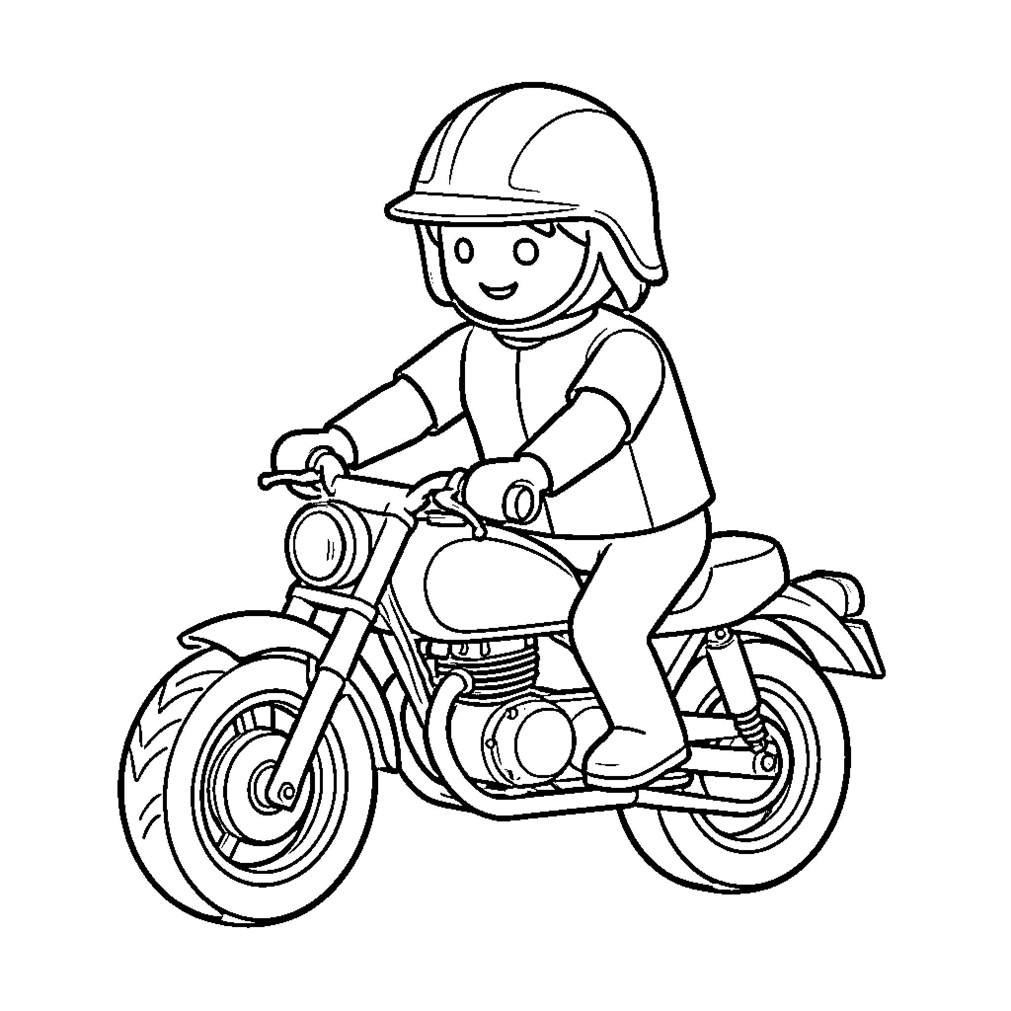 Playmobil figure riding a motorcycle wearing a helmet Coloring Page (free black-and-white line drawing printable PDF for all, from beginners to advanced learners, including children, teens, adults, and seniors)