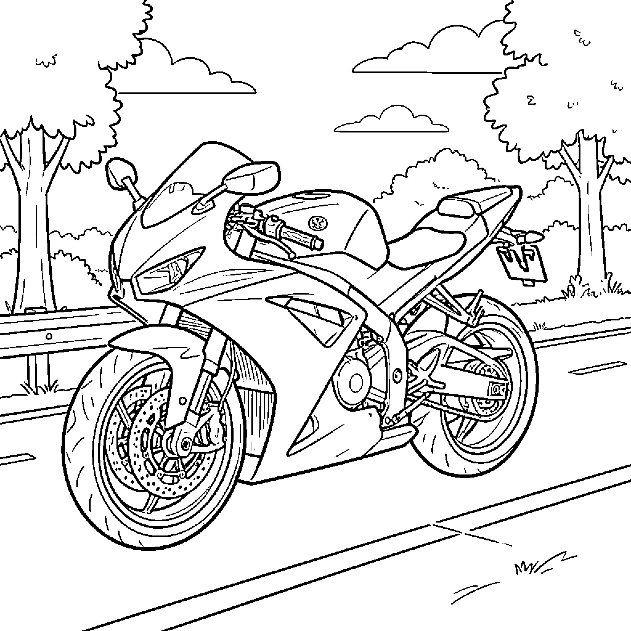 Sport Bike parked on a road near trees Coloring Page (free black-and-white line drawing printable PDF for all, from beginners to advanced learners, including children, teens, adults, and seniors)