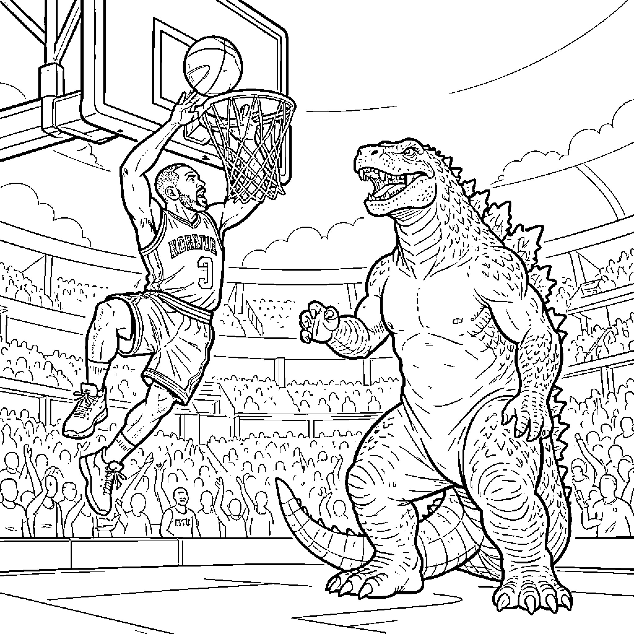 Kobe Bryant dunking a basketball against a giant dinosaur Coloring Page (free black-and-white line drawing printable PDF for all, from beginners to advanced learners, including children, teens, adults, and seniors)