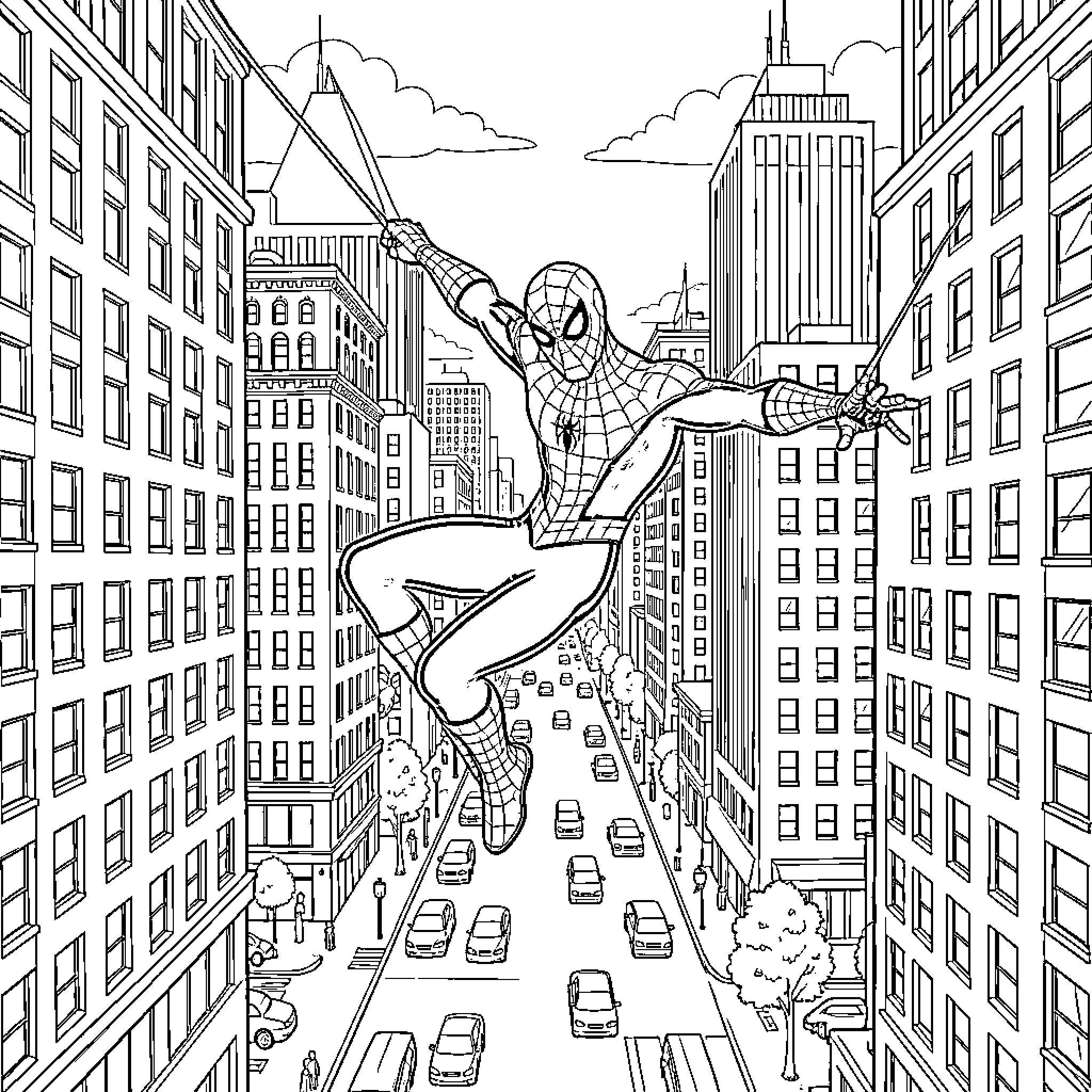 Spider-Man swinging through the city skyline Coloring Page (free black-and-white line drawing printable PDF for all, from beginners to advanced learners, including children, teens, adults, and seniors)