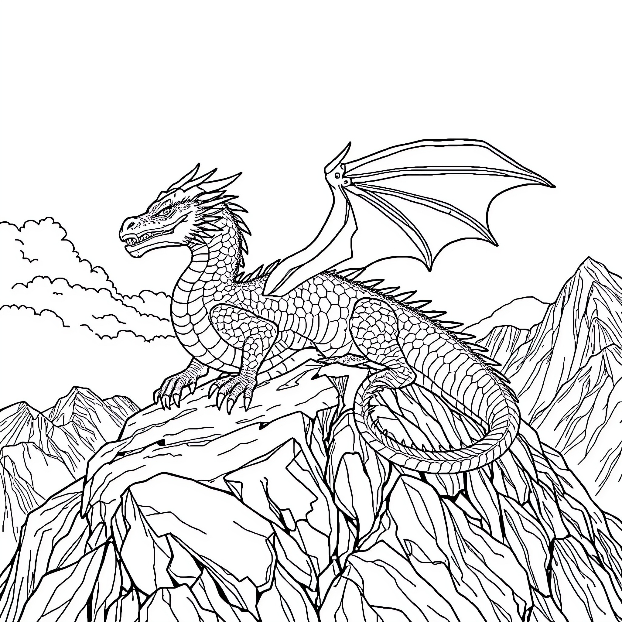 Dragon soaring majestically over rugged mountains Coloring Page (free black-and-white line drawing printable PDF for all, from beginners to advanced learners, including children, teens, adults, and seniors)