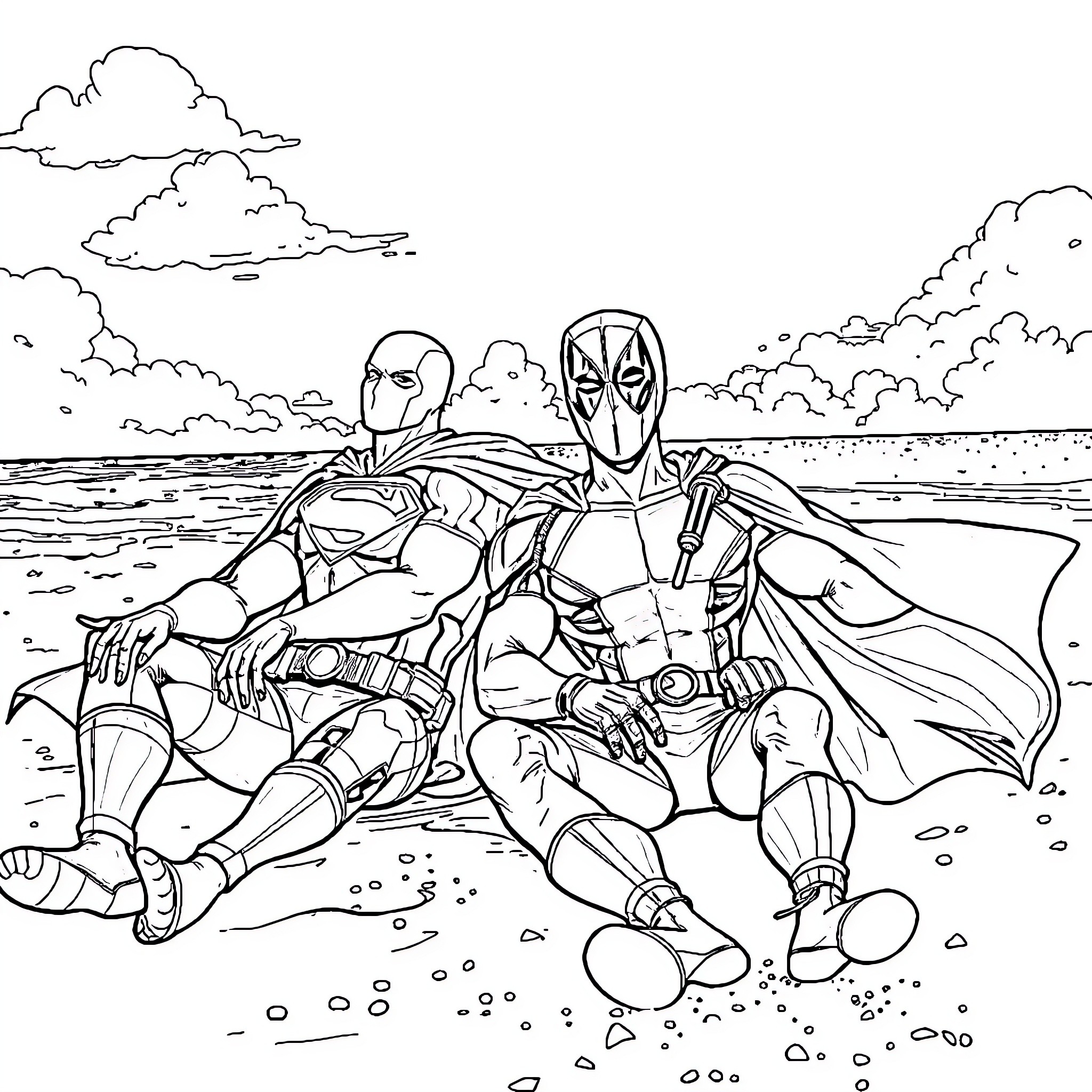 Superman and Deadpool in Epic Beach Battle Coloring Page (free black-and-white line drawing printable PDF for all, from beginners to advanced learners, including children, teens, adults, and seniors)