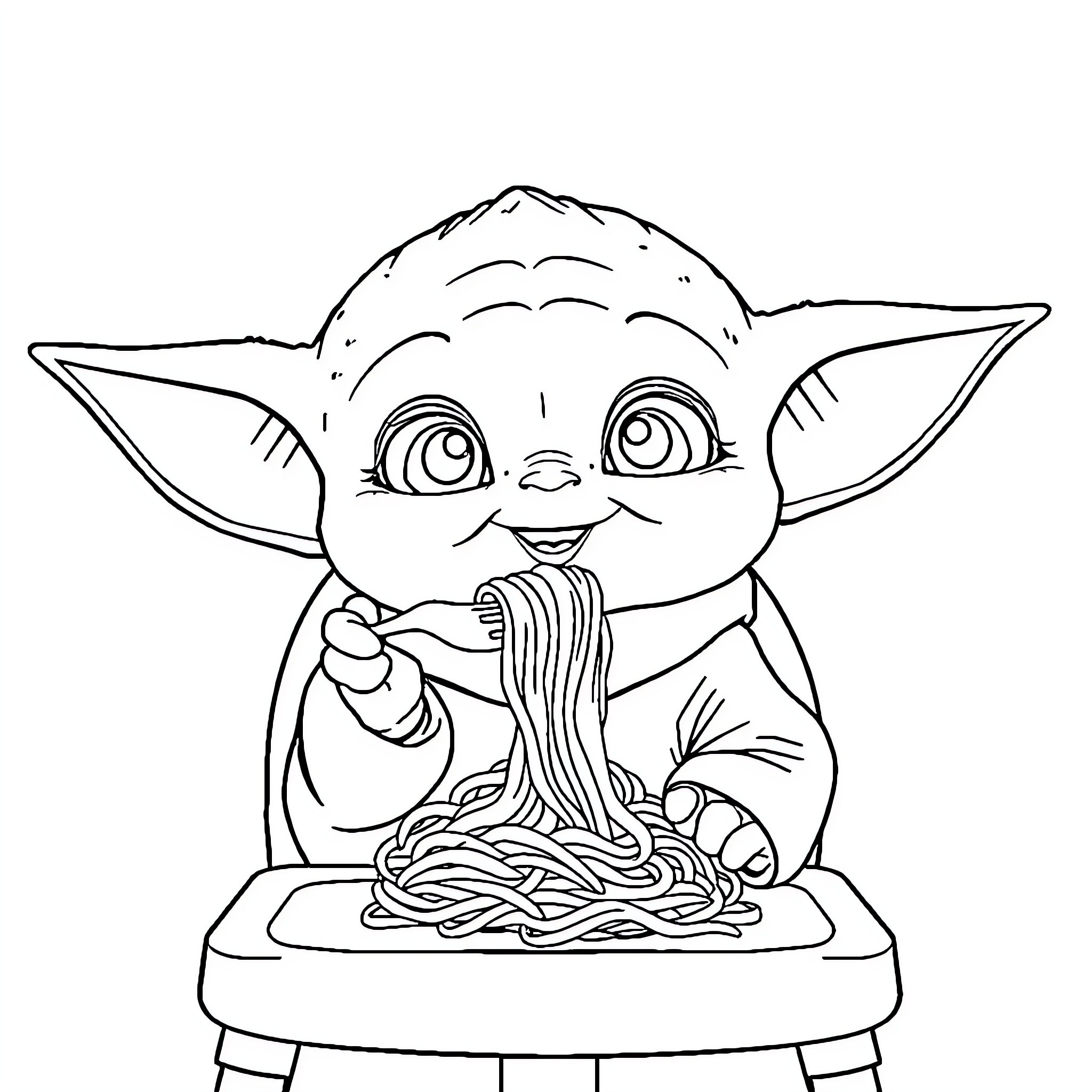 Baby Yoda enjoying a bowl of noodles Coloring Page (free black-and-white line drawing printable PDF for all, from beginners to advanced learners, including children, teens, adults, and seniors)