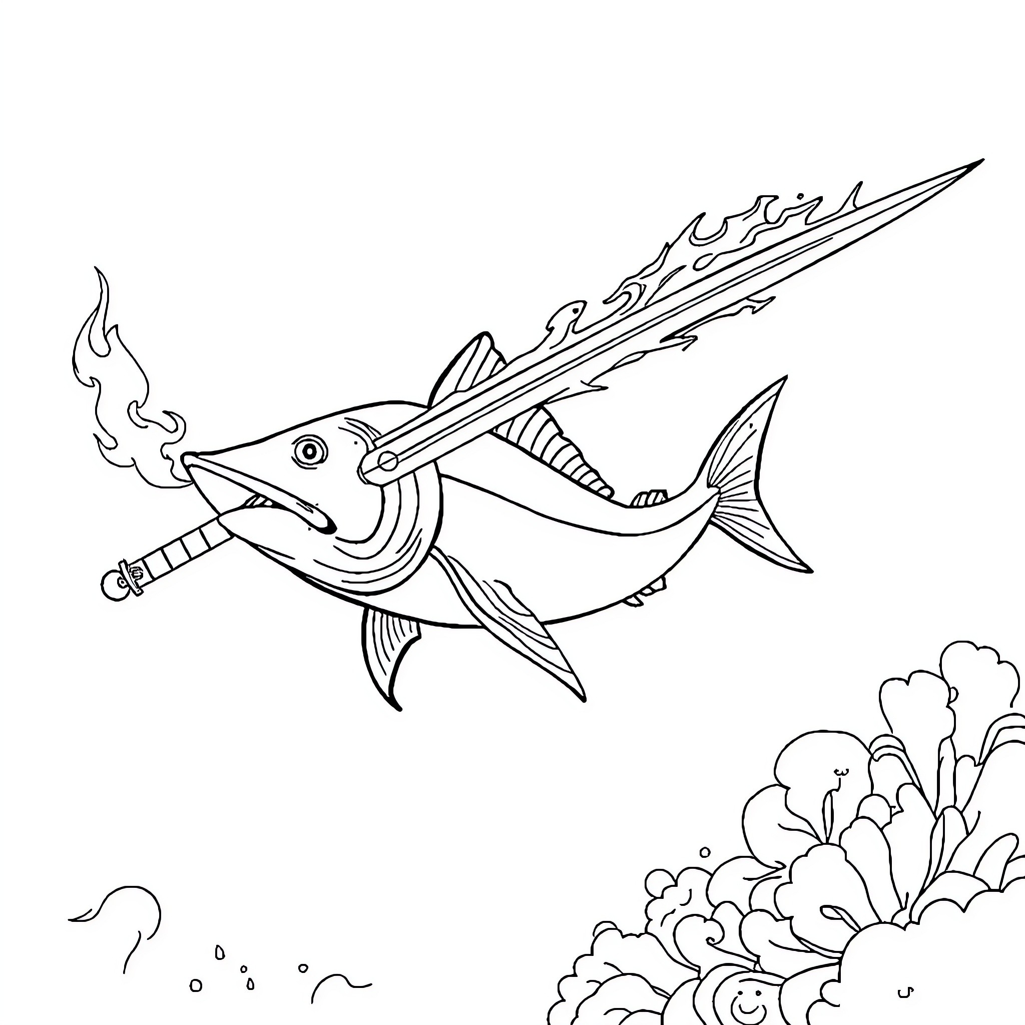 Swordfish wielding a fiery sword in the waves Coloring Page (free black-and-white line drawing printable PDF for all, from beginners to advanced learners, including children, teens, adults, and seniors)