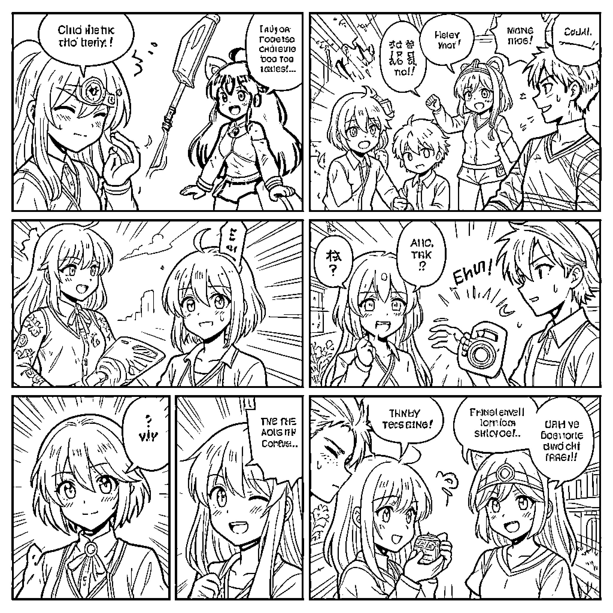 Anime characters interacting and talking in manga panels Coloring Page (free black-and-white line drawing printable PDF for all, from beginners to advanced learners, including children, teens, adults, and seniors)