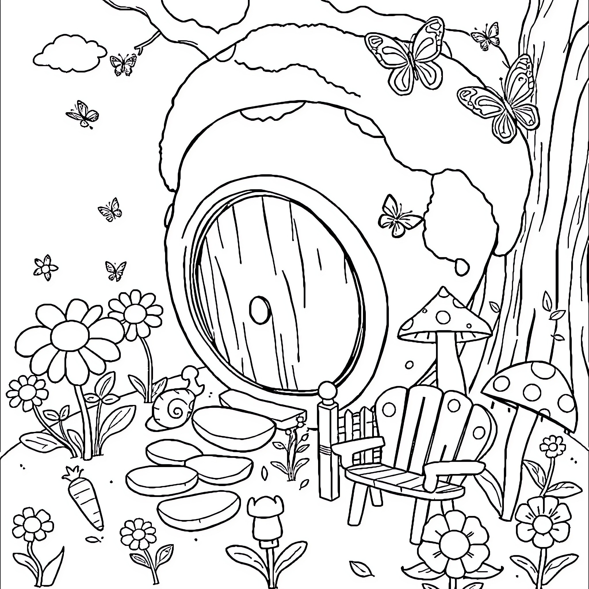Fairy House with Whimsical Garden Scenery Coloring Page (free black-and-white line drawing printable PDF for all, from beginners to advanced learners, including children, teens, adults, and seniors)