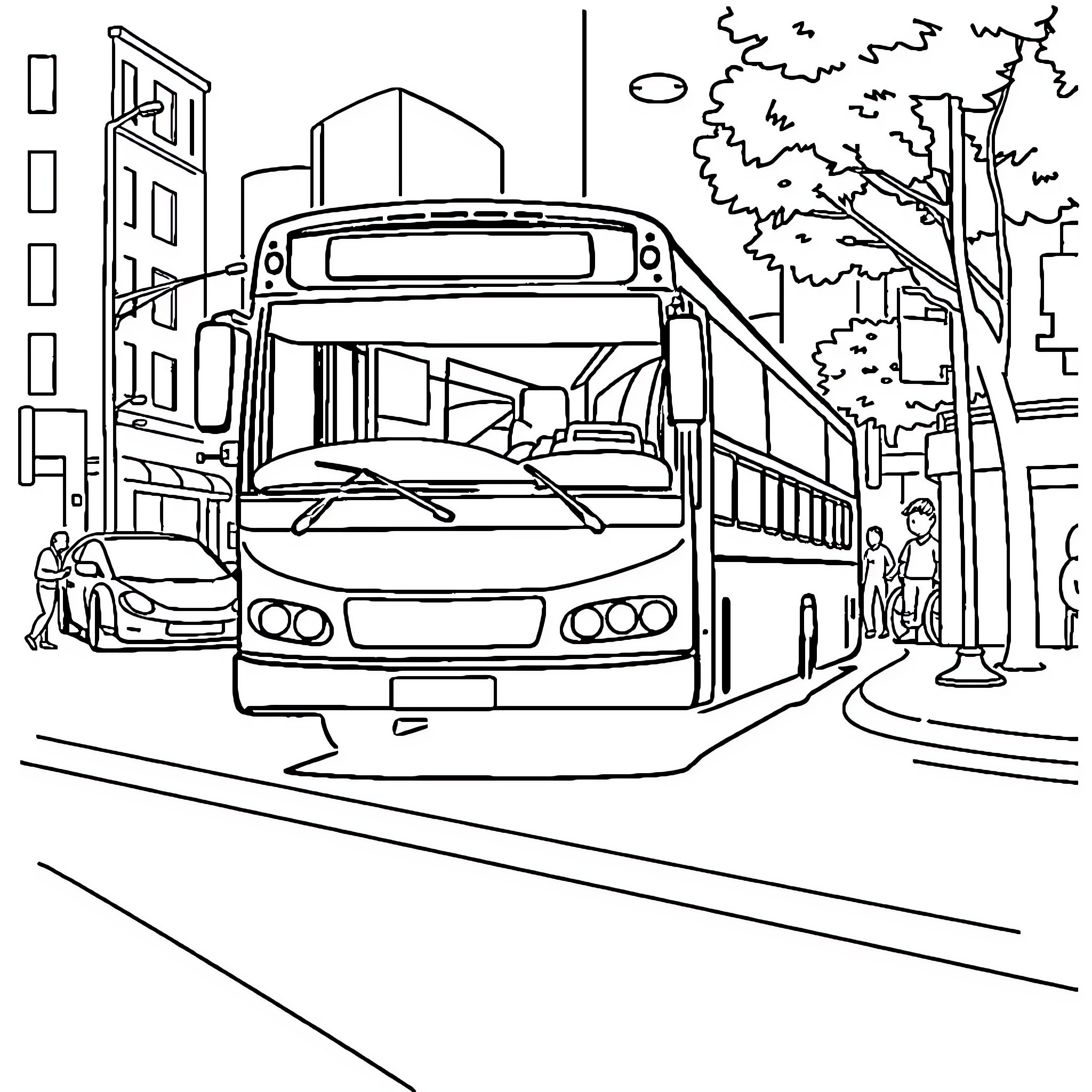 Bus Transporting People in Urban Environment Coloring Page (free black-and-white line drawing printable PDF for all, from beginners to advanced learners, including children, teens, adults, and seniors)