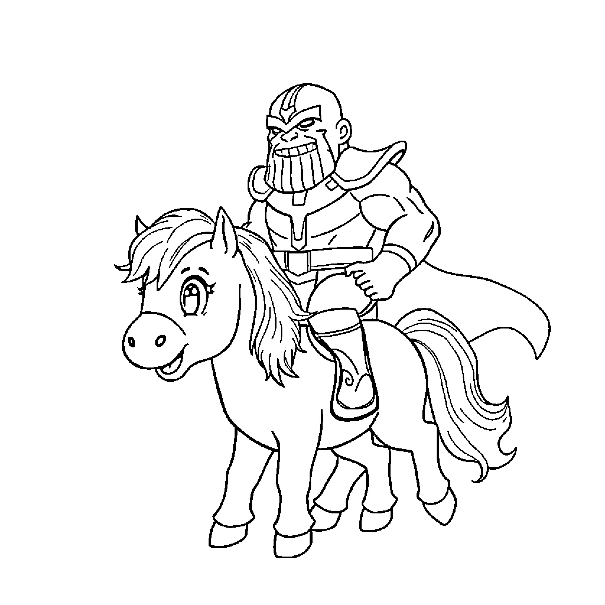 Thanos riding a magical horse in battle Coloring Page (free black-and-white line drawing printable PDF for all, from beginners to advanced learners, including children, teens, adults, and seniors)
