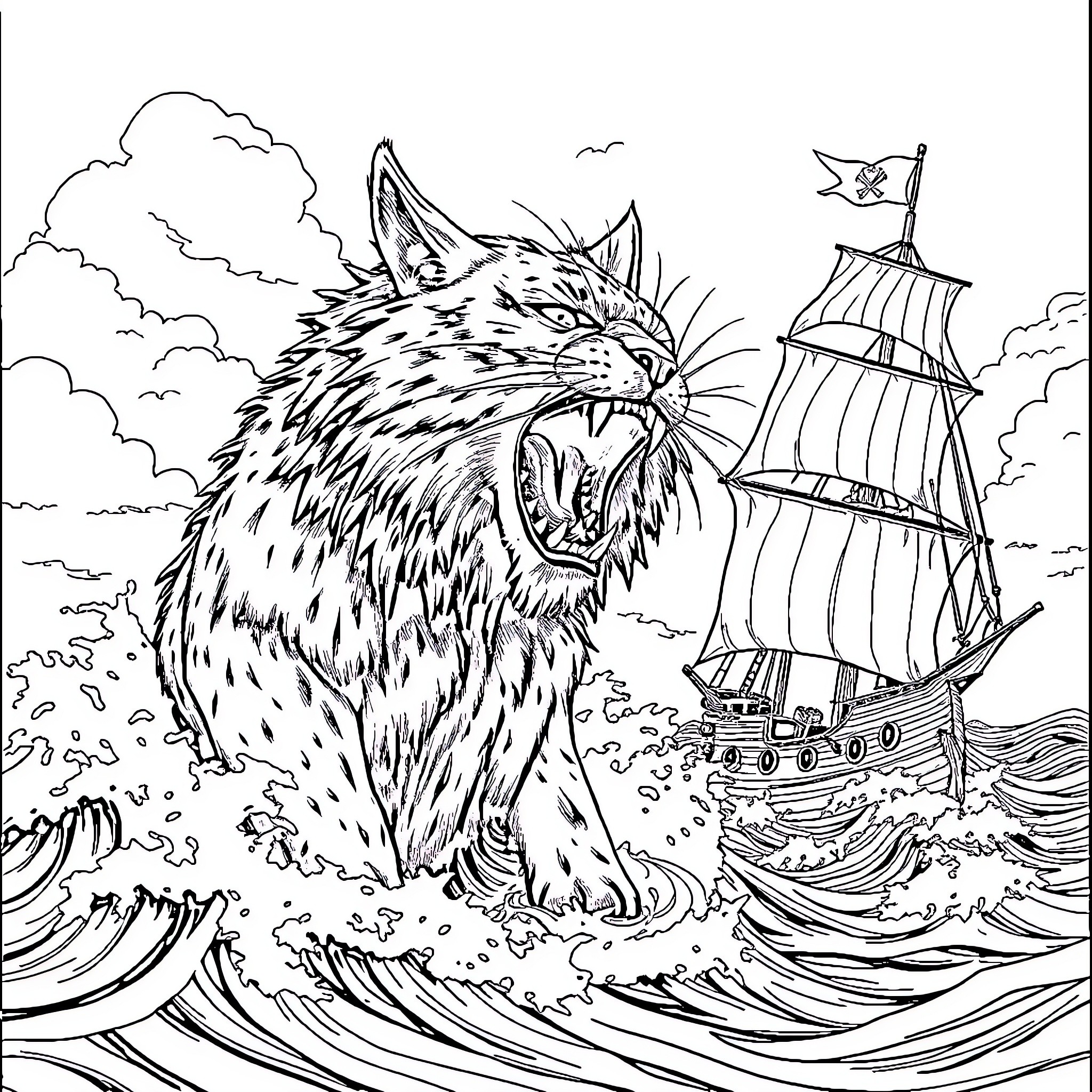Cat ferociously defending a stormy sea from a sailing ship Coloring Page (free black-and-white line drawing printable PDF for all, from beginners to advanced learners, including children, teens, adults, and seniors)