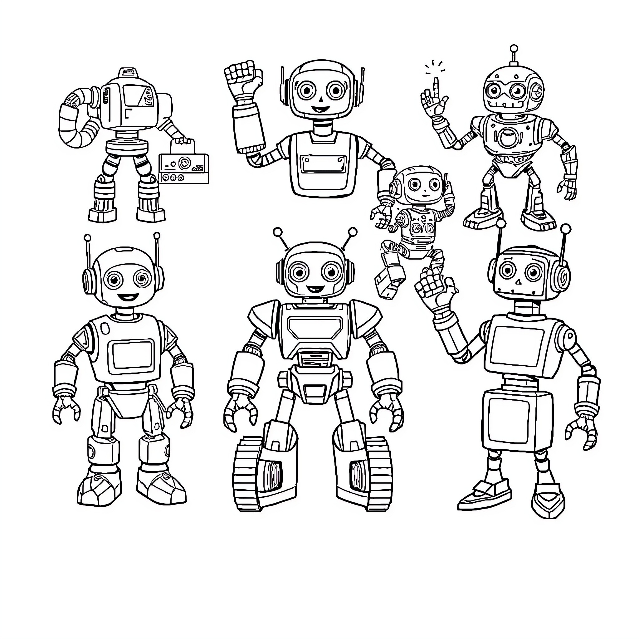 Robot Characters in Various Poses and Outfits Coloring Page (free black-and-white line drawing printable PDF for all, from beginners to advanced learners, including children, teens, adults, and seniors)