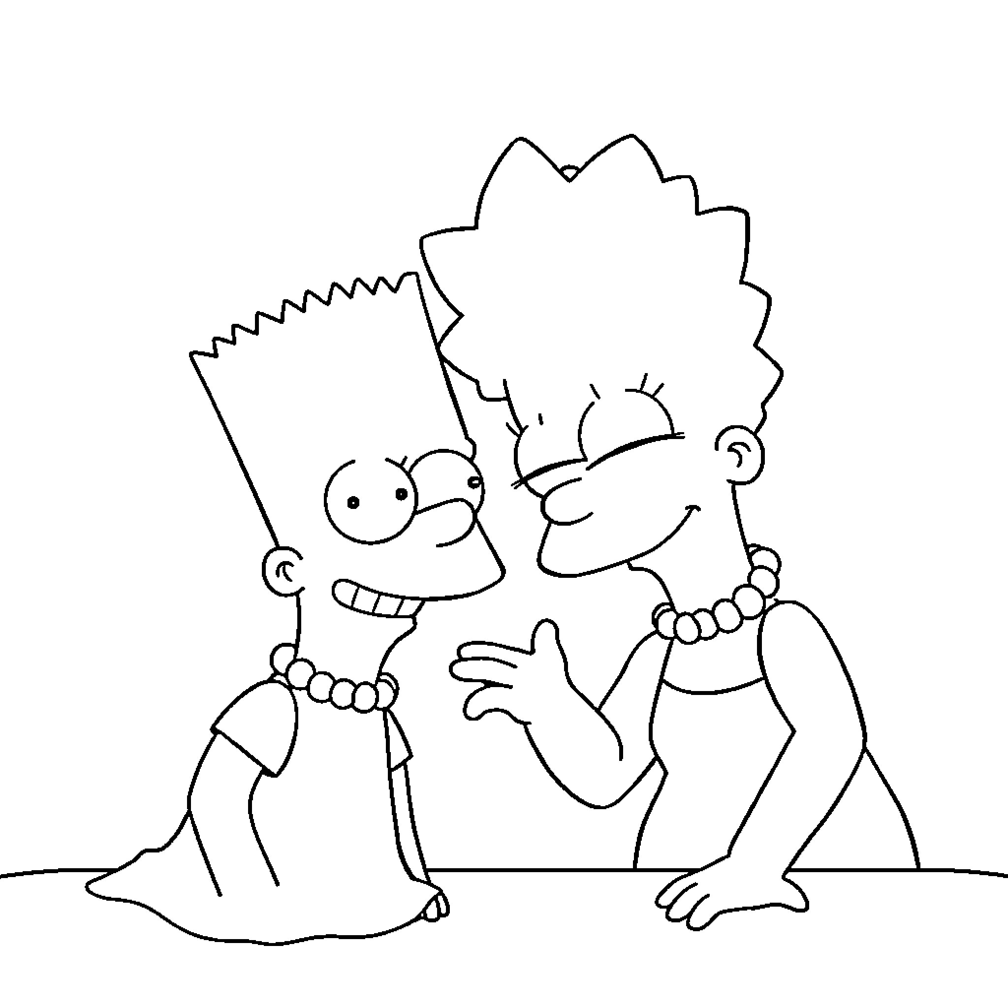 Bart Simpson and Milhouse engaging in friendly conversation Coloring Page (free black-and-white line drawing printable PDF for all, from beginners to advanced learners, including children, teens, adults, and seniors)