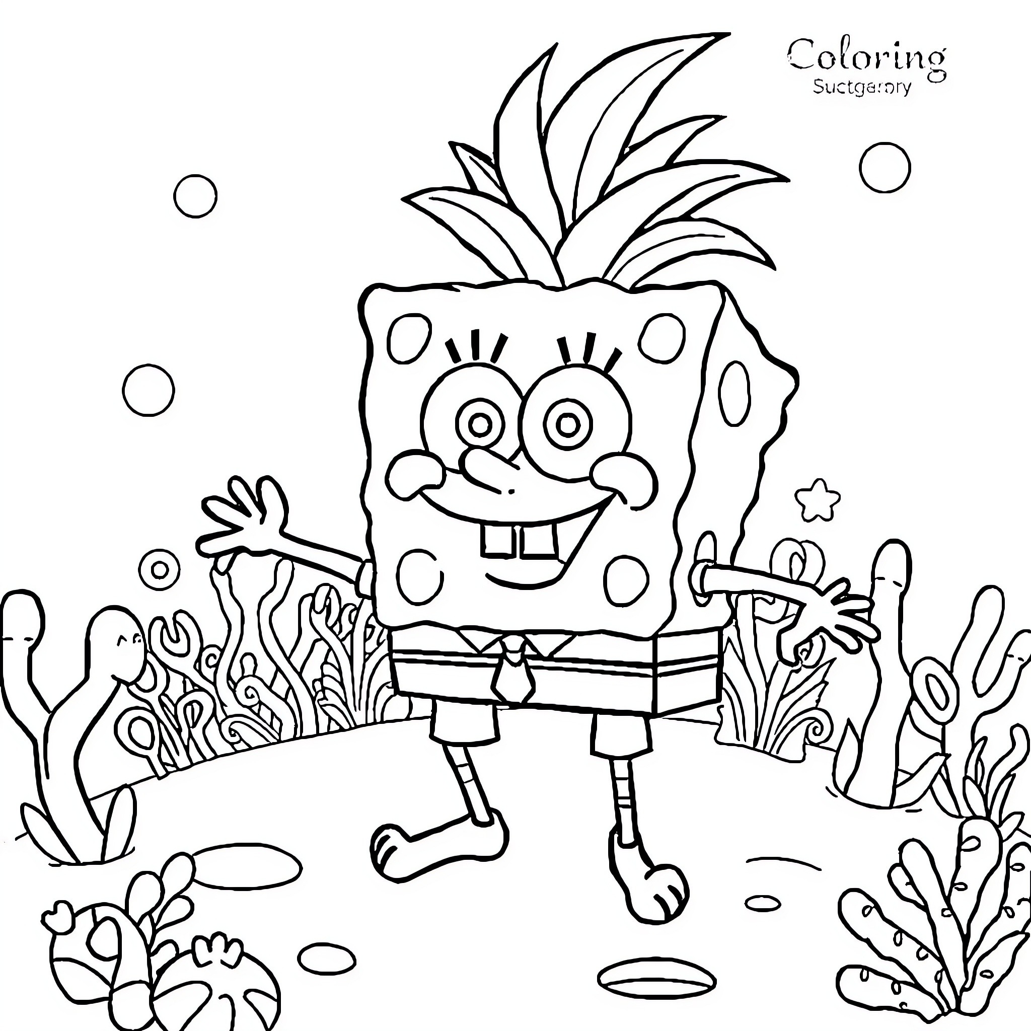 Spongebob Squarepants smiling with enthusiasm in the sea Coloring Page (free black-and-white line drawing printable PDF for all, from beginners to advanced learners, including children, teens, adults, and seniors)