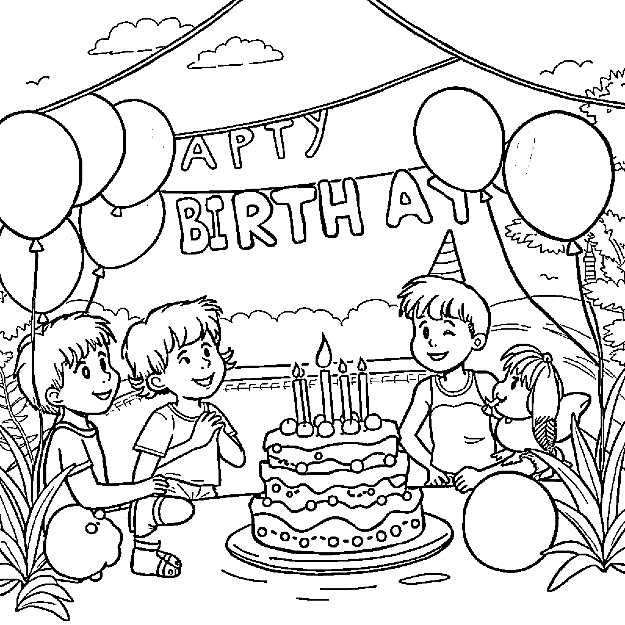 Birthday party celebration with friends and cake Coloring Page (free black-and-white line drawing printable PDF for all, from beginners to advanced learners, including children, teens, adults, and seniors)