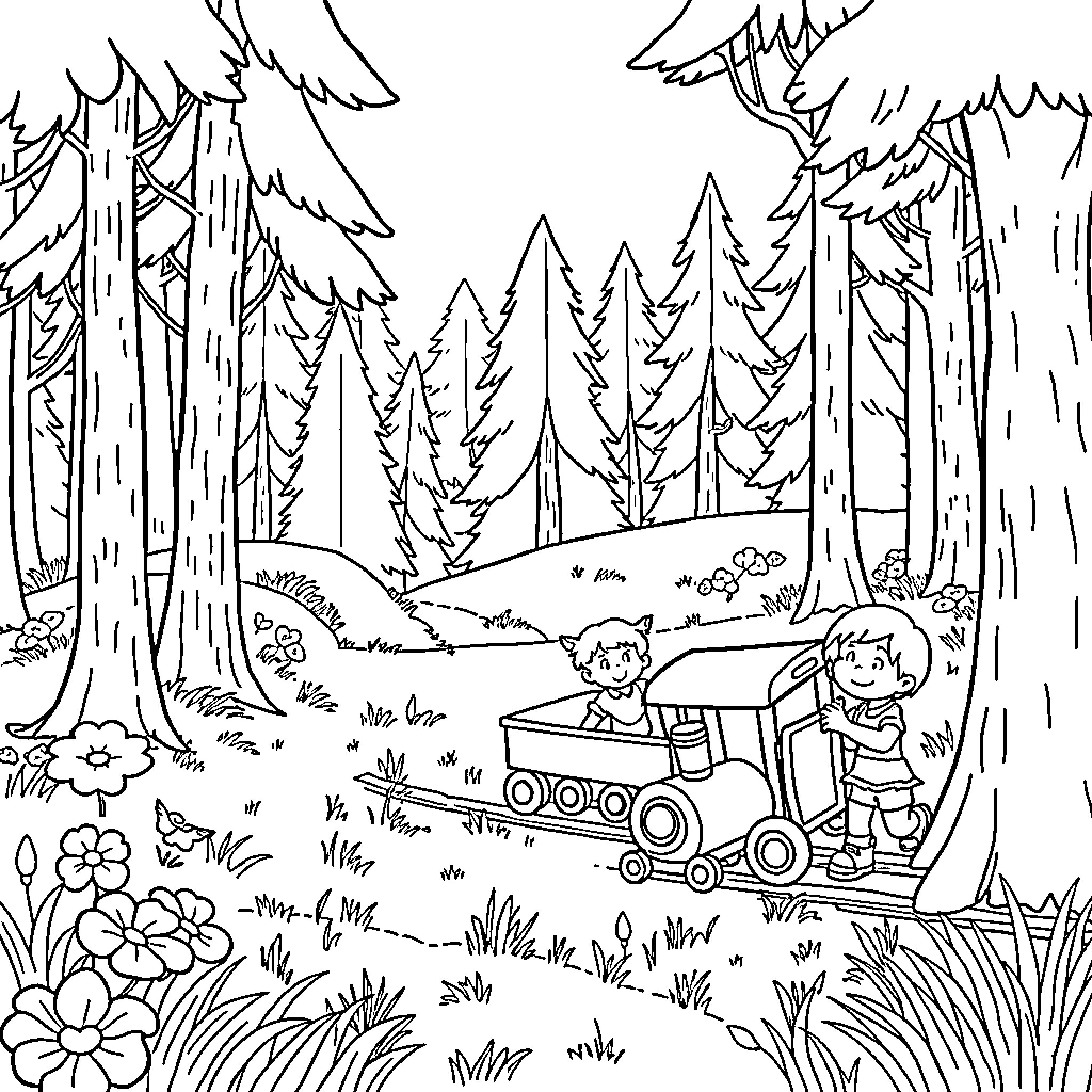 Train Ride Through the Enchanted Forest Coloring Page (free black-and-white line drawing printable PDF for all, from beginners to advanced learners, including children, teens, adults, and seniors)