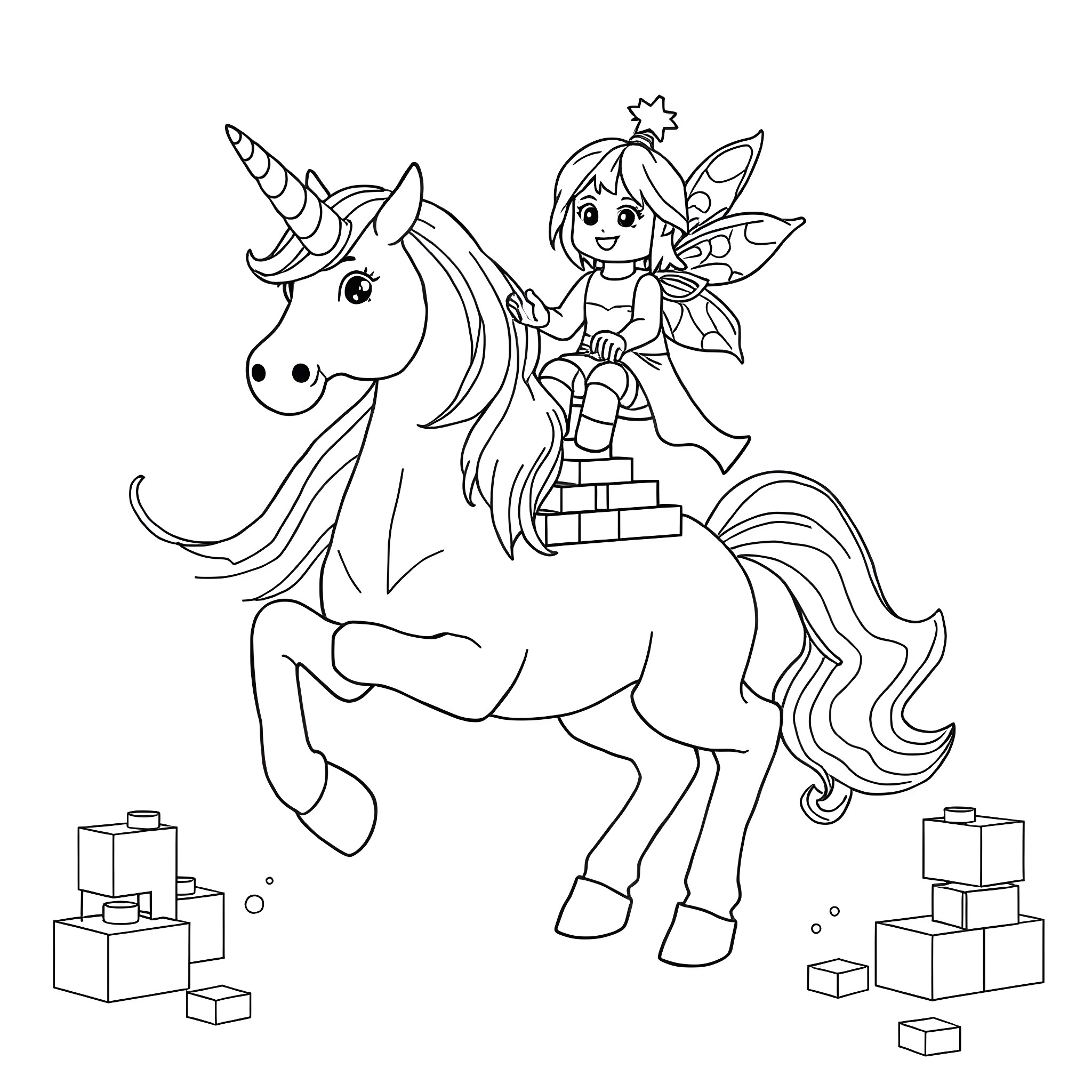 Unicorn with fairy riding through toy blocks Coloring Page (free black-and-white line drawing printable PDF for all, from beginners to advanced learners, including children, teens, adults, and seniors)