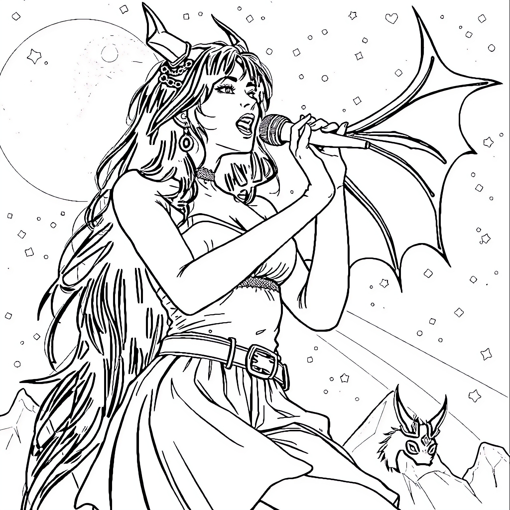 Zoey the Enchanting Fairy Songstress Coloring Page (free black-and-white line drawing printable PDF for all, from beginners to advanced learners, including children, teens, adults, and seniors)