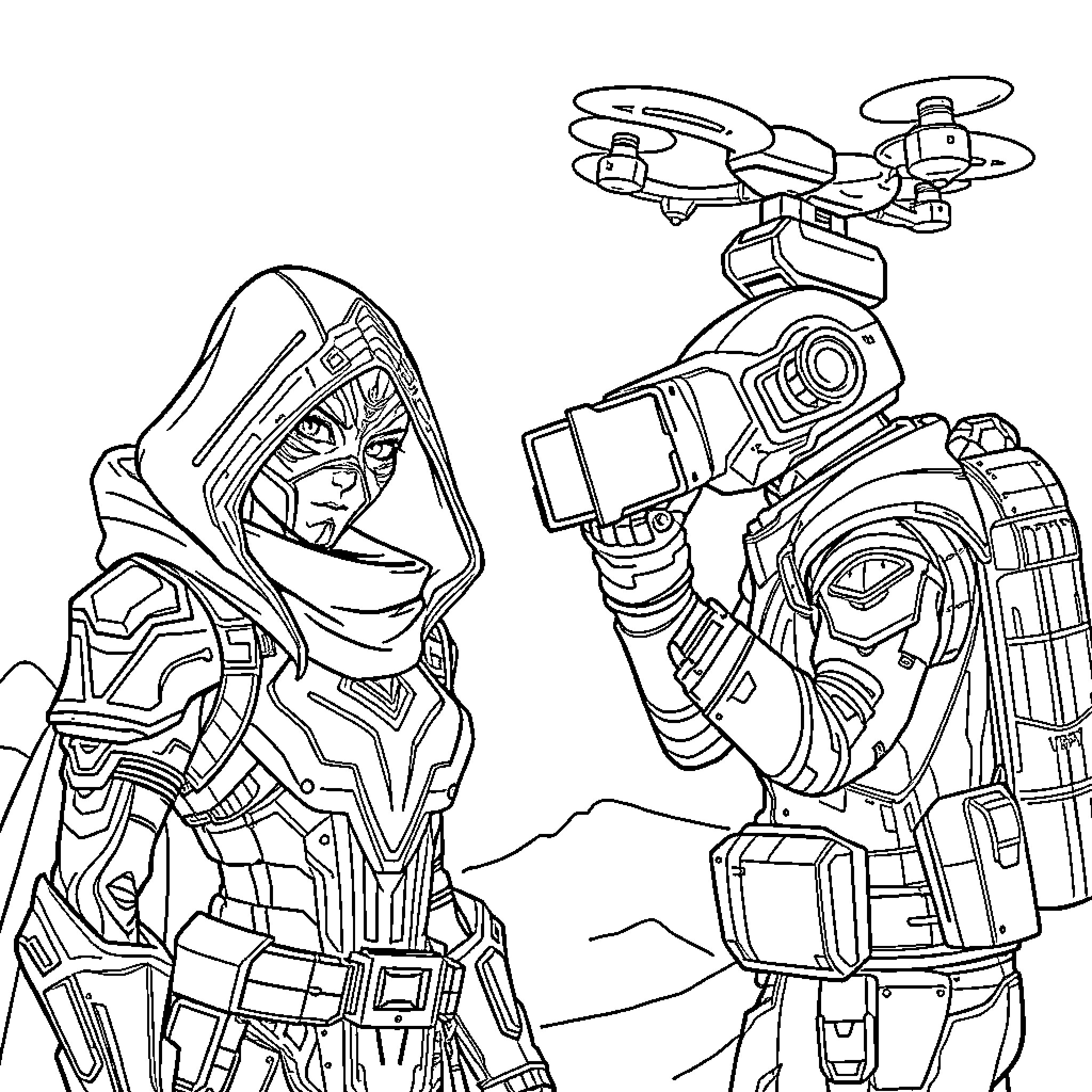 Wraith Operative with Futuristic Equipment Coloring Page (free black-and-white line drawing printable PDF for all, from beginners to advanced learners, including children, teens, adults, and seniors)