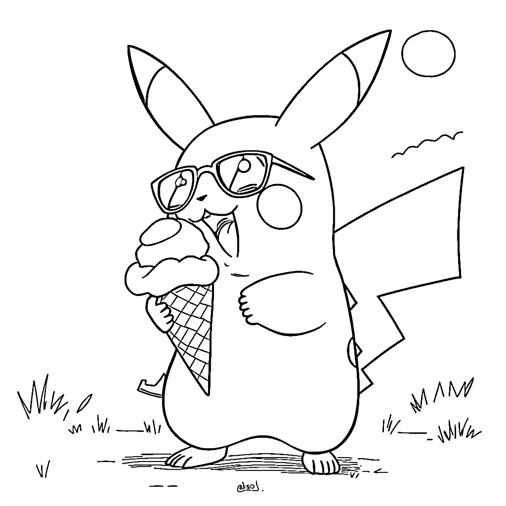 Pikachu enjoying an ice cream cone outdoors Coloring Page (free black-and-white line drawing printable PDF for all, from beginners to advanced learners, including children, teens, adults, and seniors)