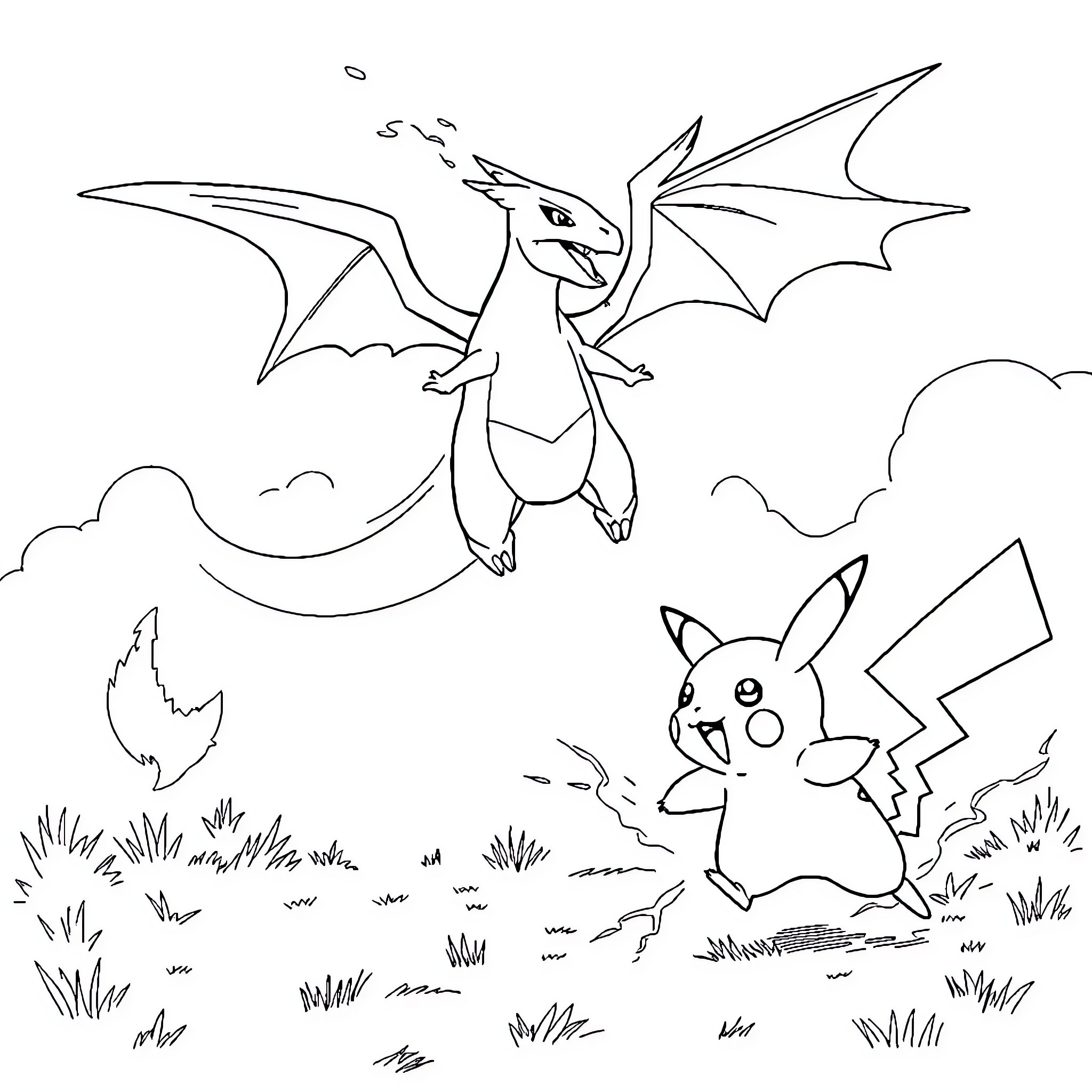 Pikachu playing with Charizard in the field Coloring Page (free black-and-white line drawing printable PDF for all, from beginners to advanced learners, including children, teens, adults, and seniors)