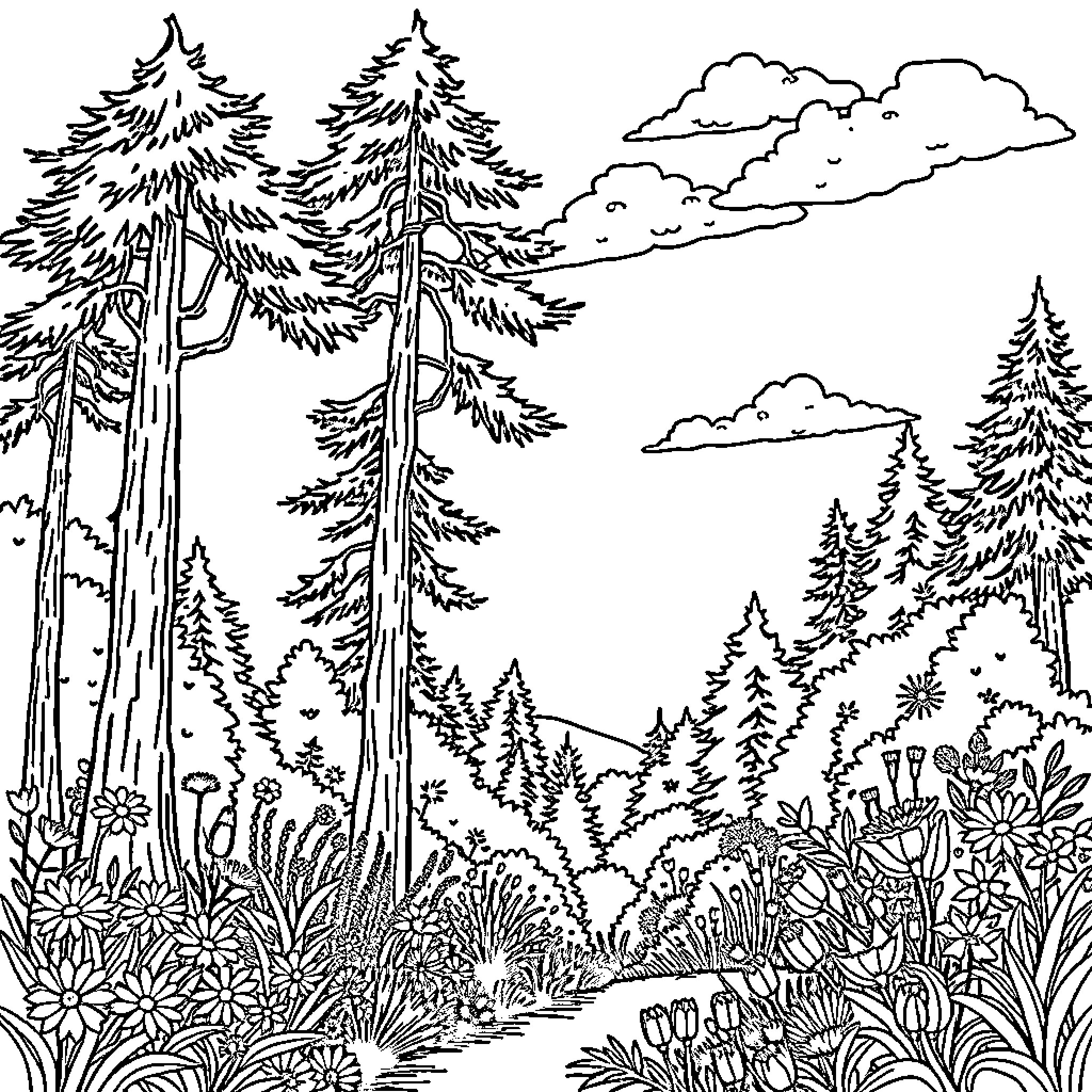 Nature's Enchanted Woodland Scenery Coloring Page (free black-and-white line drawing printable PDF for all, from beginners to advanced learners, including children, teens, adults, and seniors)