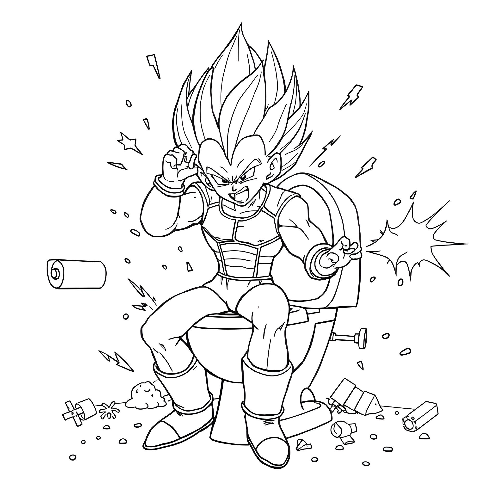Vegeta unleashing his powerful attack Coloring Page (free black-and-white line drawing printable PDF for all, from beginners to advanced learners, including children, teens, adults, and seniors)