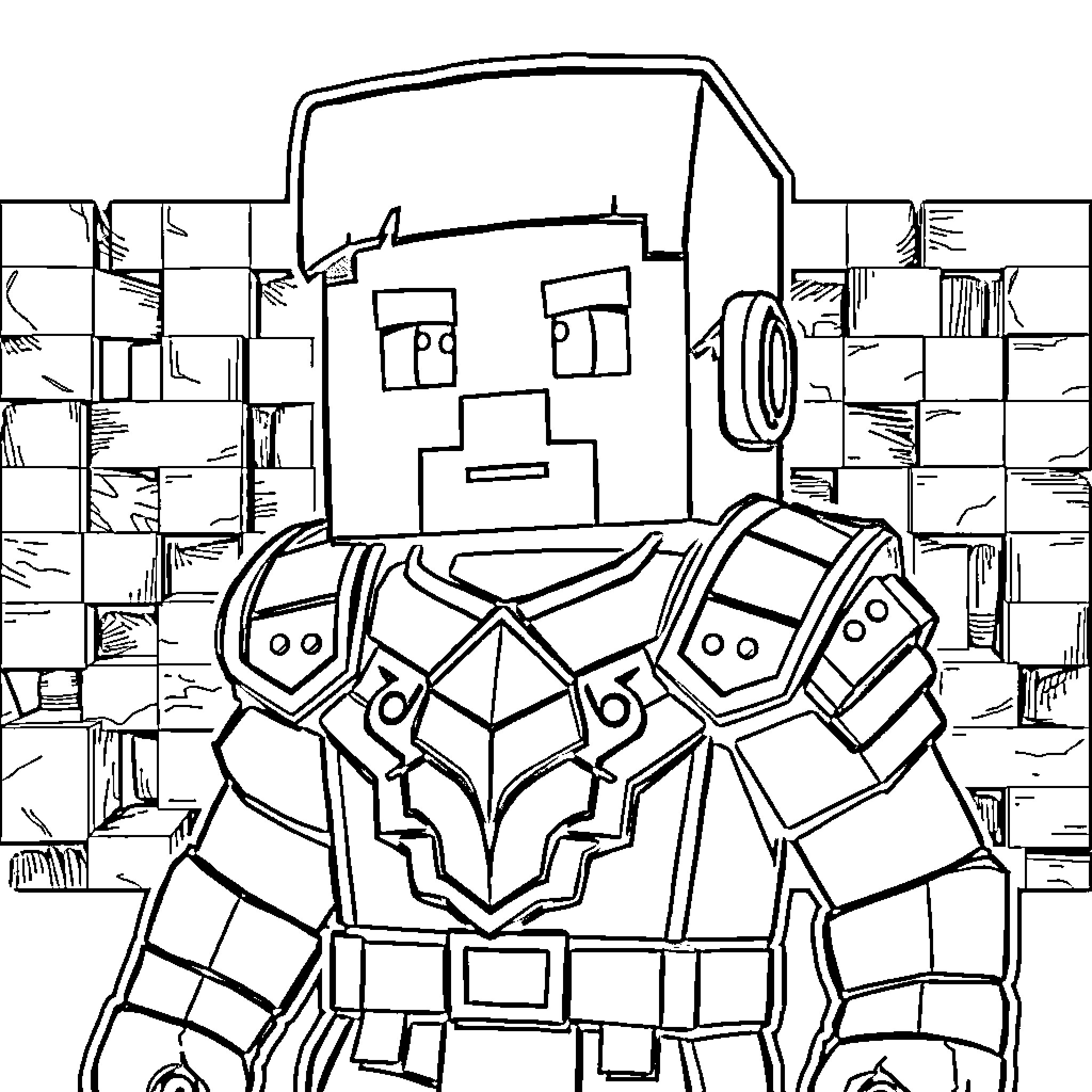 Steve wearing heavy armor standing before a wall Coloring Page (free black-and-white line drawing printable PDF for all, from beginners to advanced learners, including children, teens, adults, and seniors)