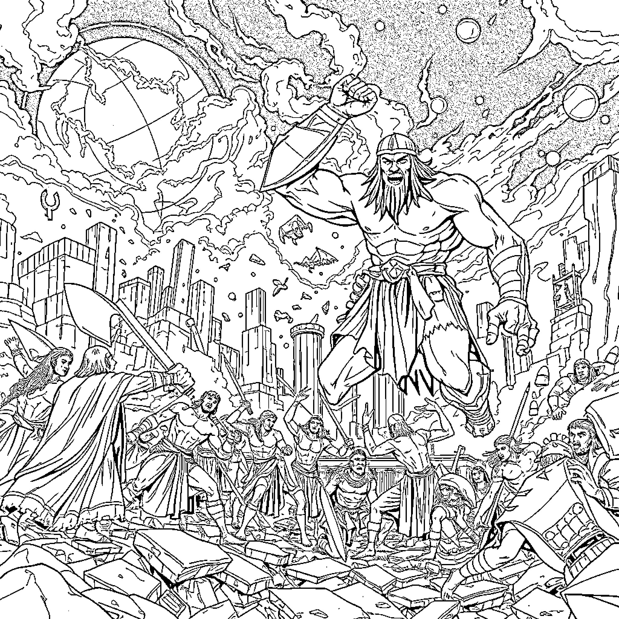 Attack on Titan: Massive Titan Assault on City Coloring Page (free black-and-white line drawing printable PDF for all, from beginners to advanced learners, including children, teens, adults, and seniors)