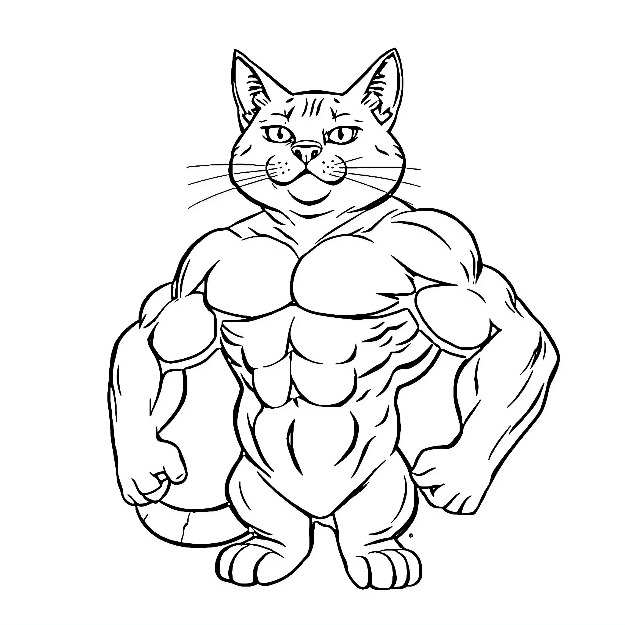 Chat with a Muscular Cat Coloring Page (free black-and-white line drawing printable PDF for all, from beginners to advanced learners, including children, teens, adults, and seniors)