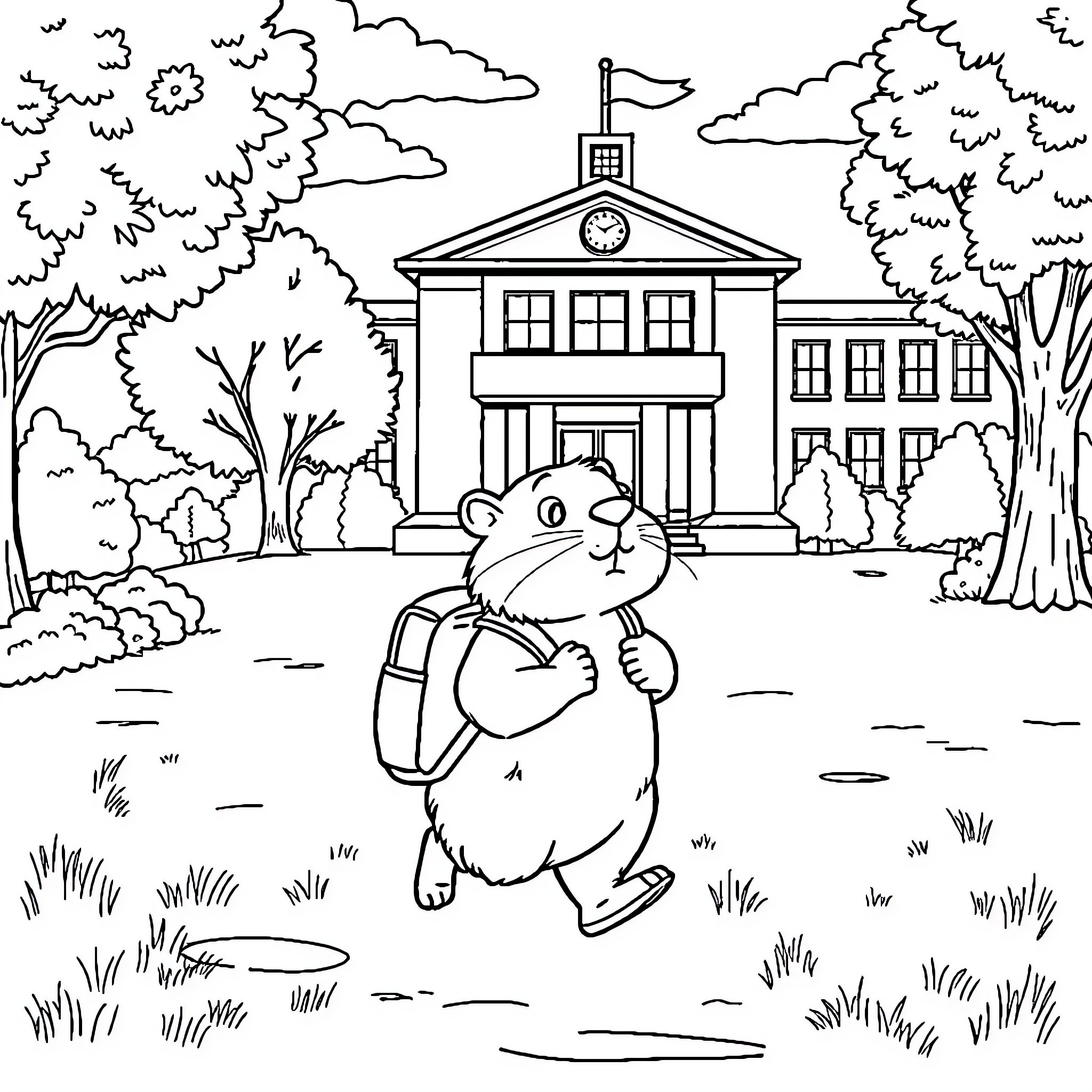 Beaver student walking to school building Coloring Page (free black-and-white line drawing printable PDF for all, from beginners to advanced learners, including children, teens, adults, and seniors)
