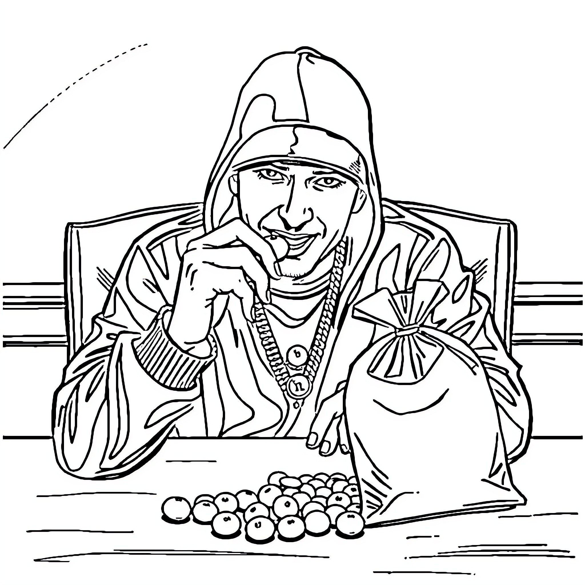 Eminem Performing on Stage with Microphone and Accessories Coloring Page (free black-and-white line drawing printable PDF for all, from beginners to advanced learners, including children, teens, adults, and seniors)