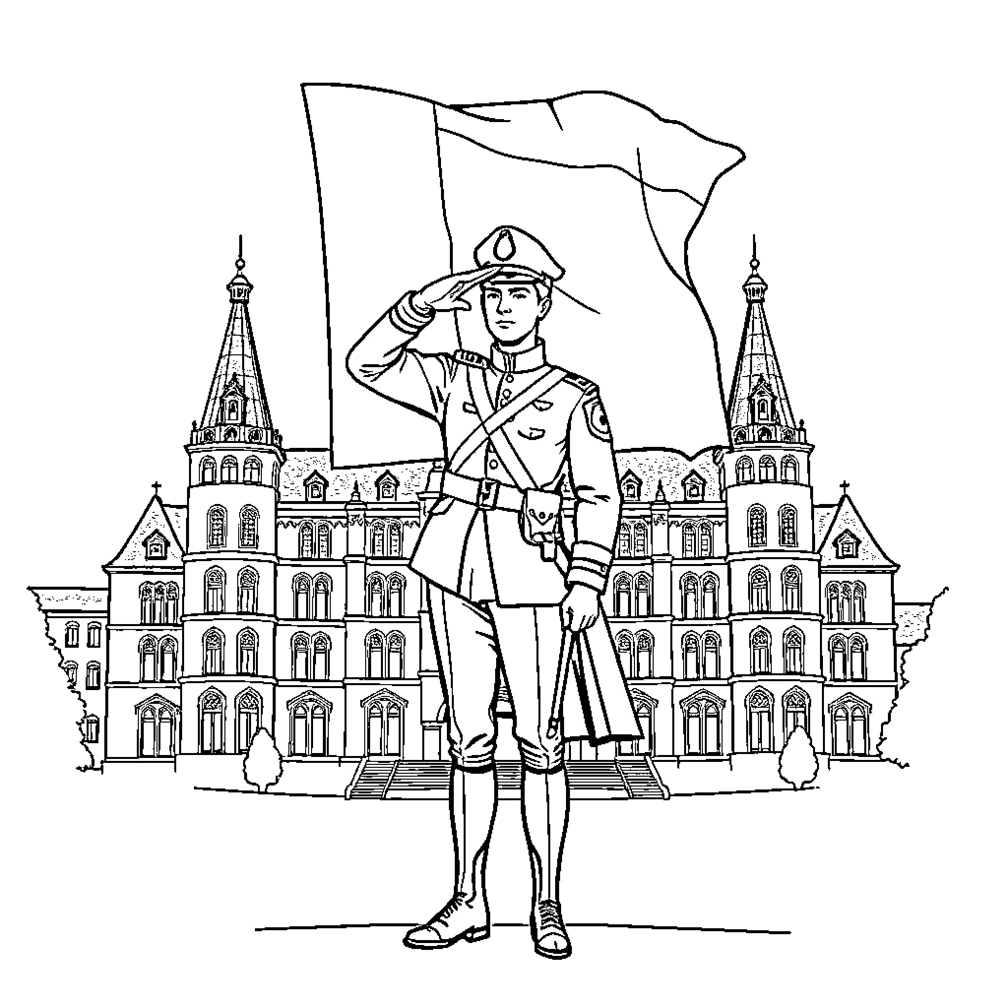 Soldier Saluting in Front of Historic Building Coloring Page (free black-and-white line drawing printable PDF for all, from beginners to advanced learners, including children, teens, adults, and seniors)