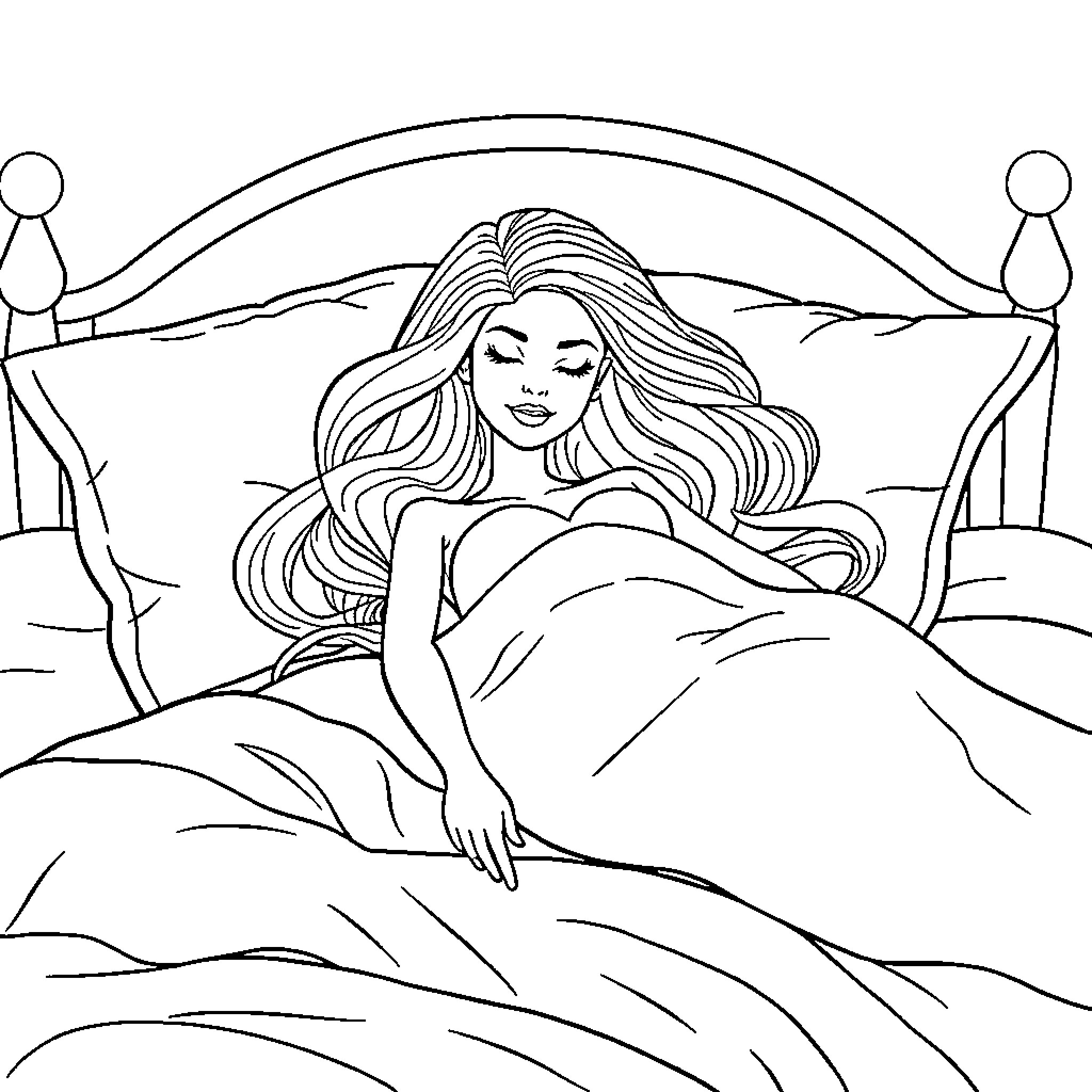 Barbie relaxing in her cozy bedroom Coloring Page (free black-and-white line drawing printable PDF for all, from beginners to advanced learners, including children, teens, adults, and seniors)