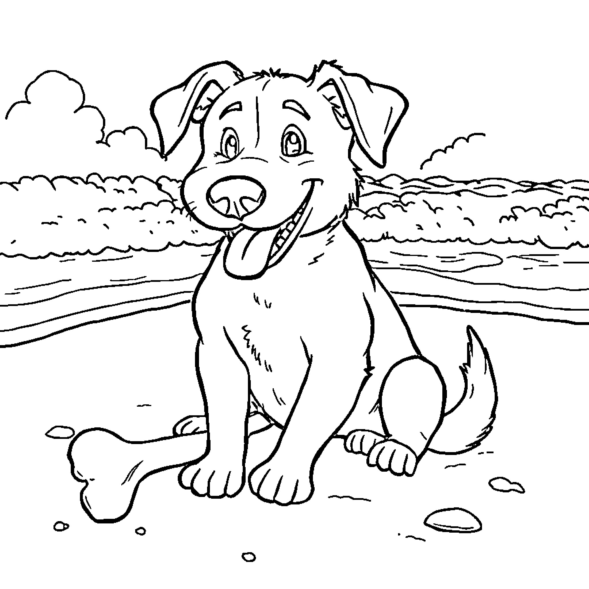 Dog enjoying the beach scenery Coloring Page (free black-and-white line drawing printable PDF for all, from beginners to advanced learners, including children, teens, adults, and seniors)