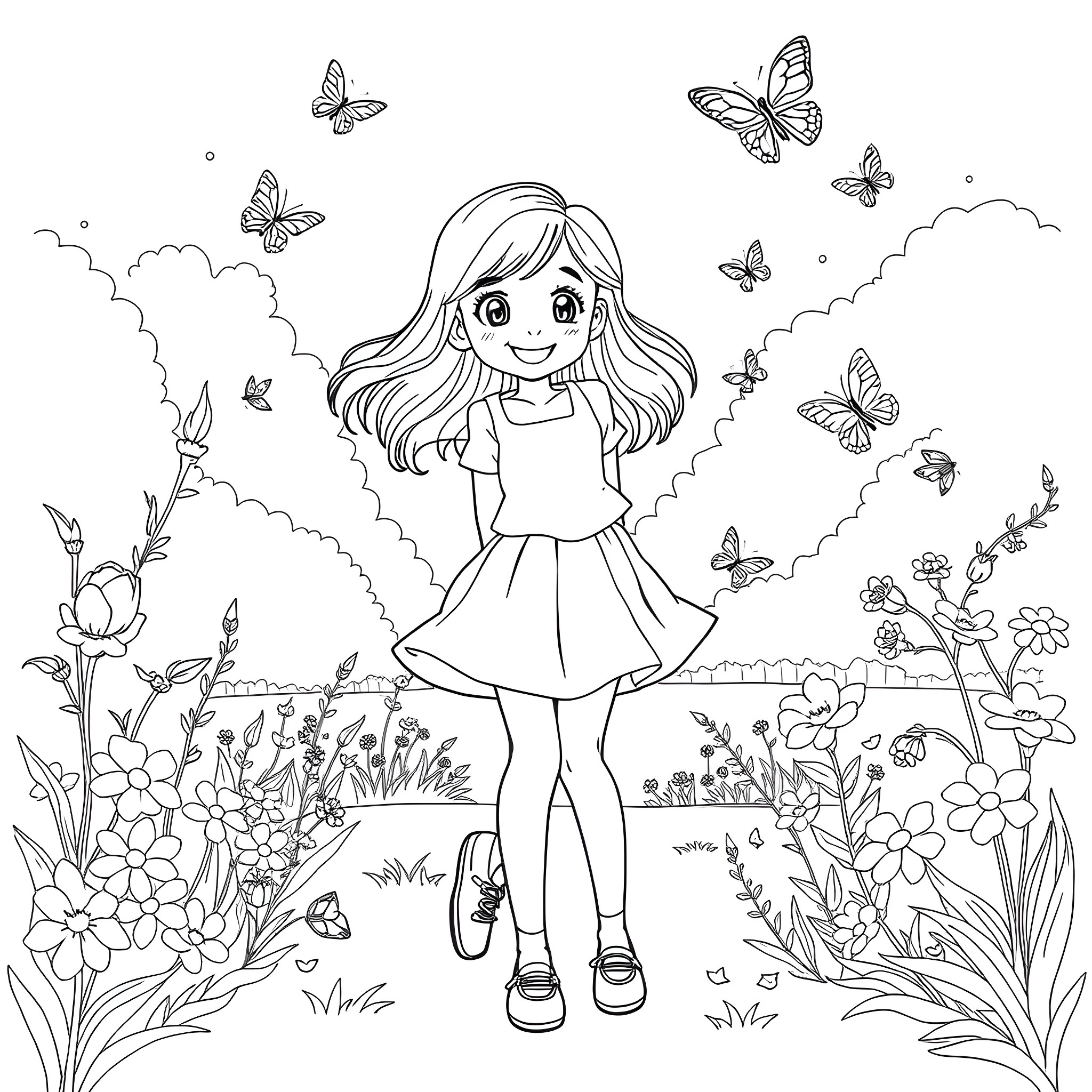 Girl admiring butterflies in a floral garden Coloring Page (free black-and-white line drawing printable PDF for all, from beginners to advanced learners, including children, teens, adults, and seniors)
