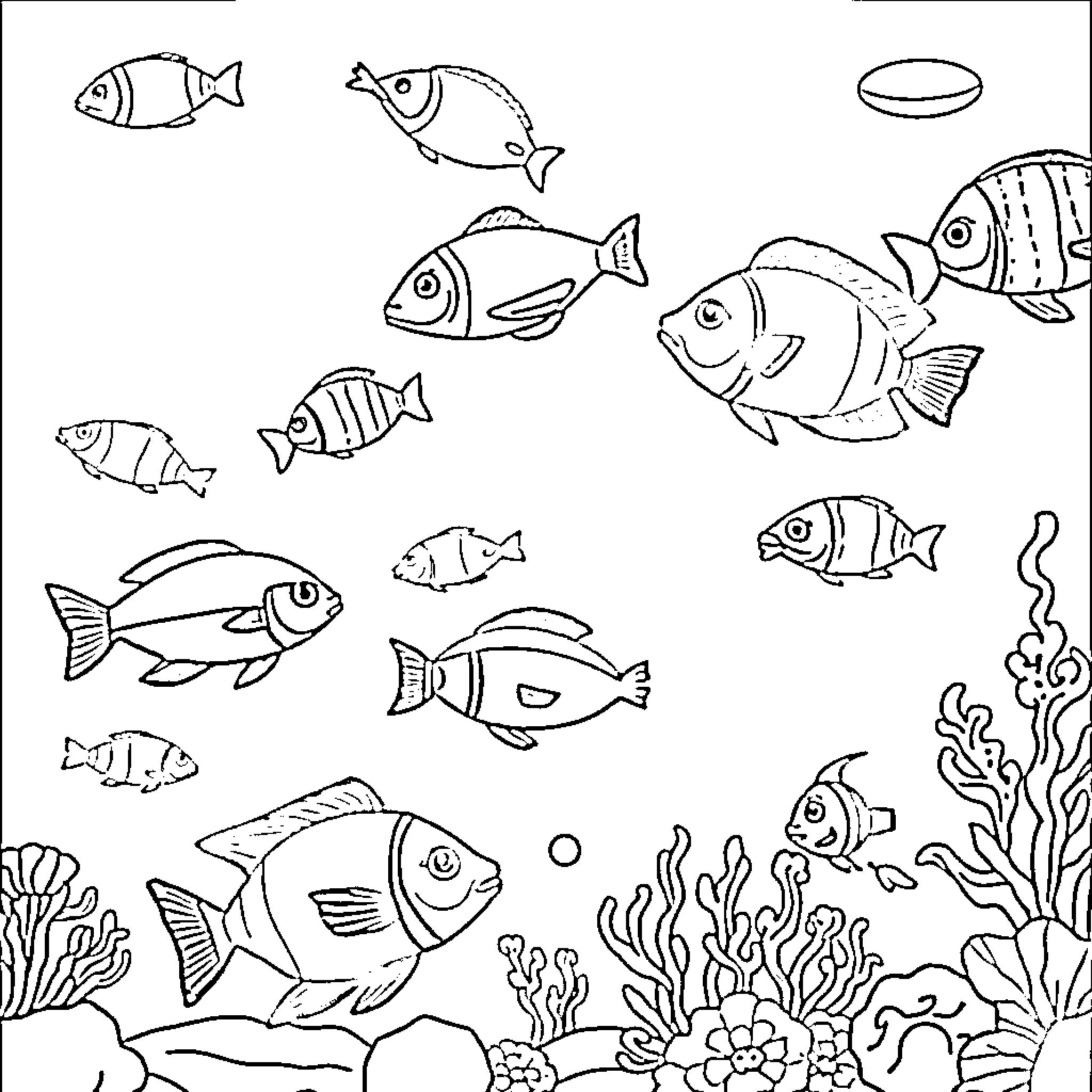 Fish swimming in an underwater scene Coloring Page (free black-and-white line drawing printable PDF for all, from beginners to advanced learners, including children, teens, adults, and seniors)