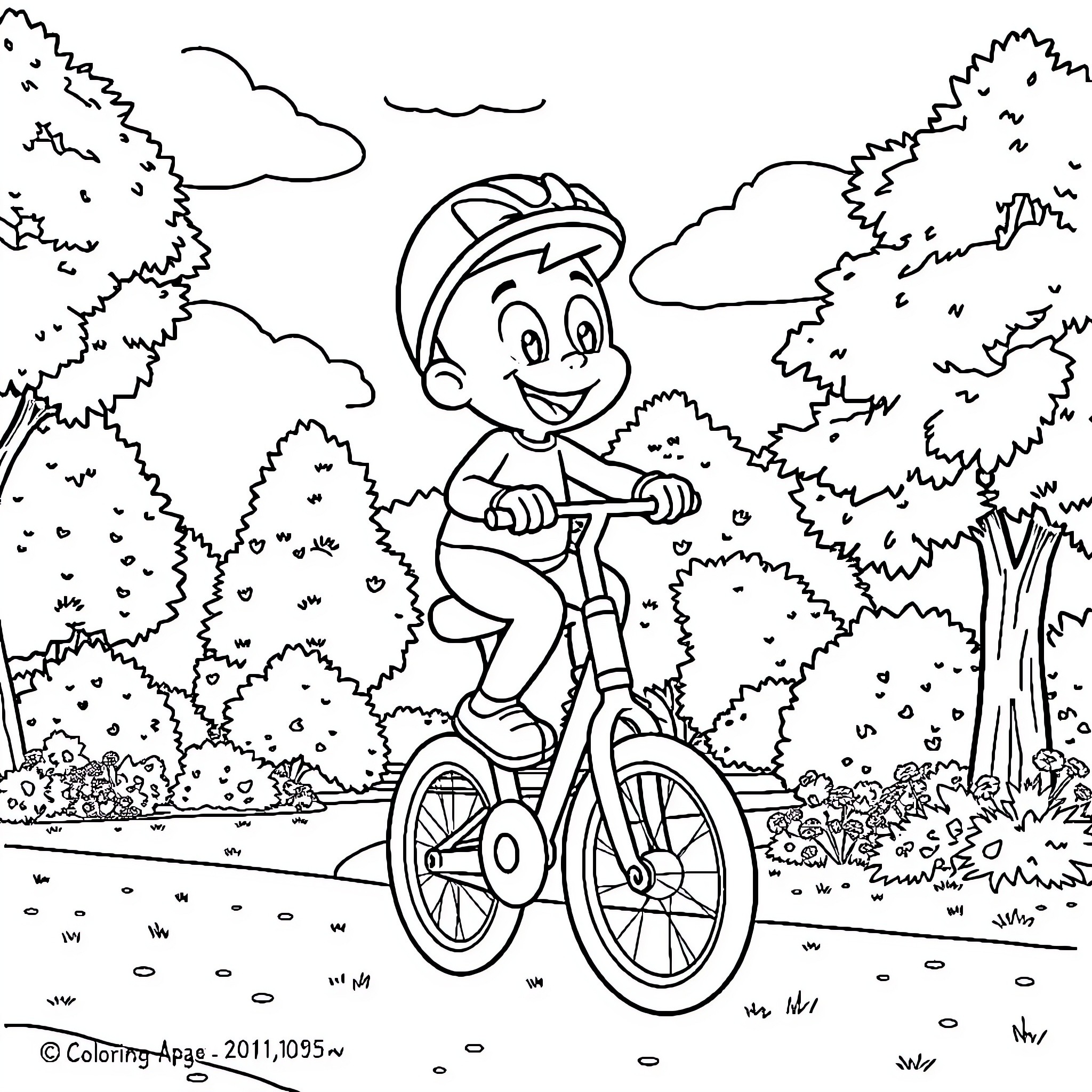 Bluey riding a bicycle in the forest Coloring Page (free black-and-white line drawing printable PDF for all, from beginners to advanced learners, including children, teens, adults, and seniors)