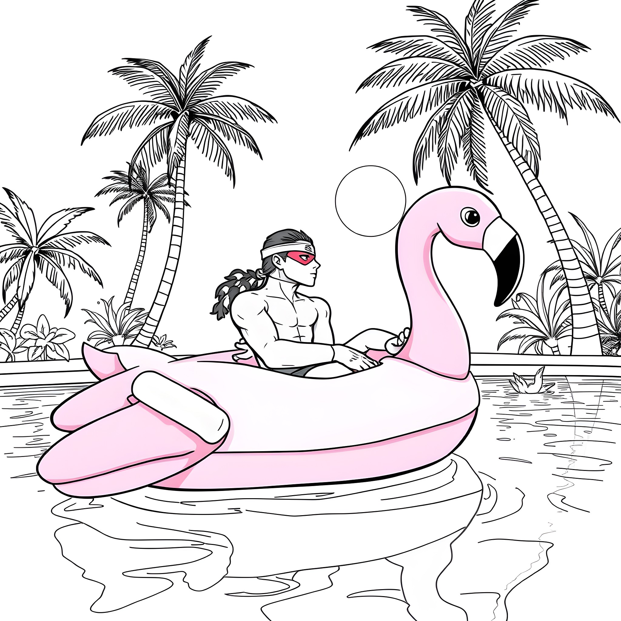 Solid Snake relaxing on a giant pink flamingo in a tropical paradise Coloring Page (free black-and-white line drawing printable PDF for all, from beginners to advanced learners, including children, teens, adults, and seniors)