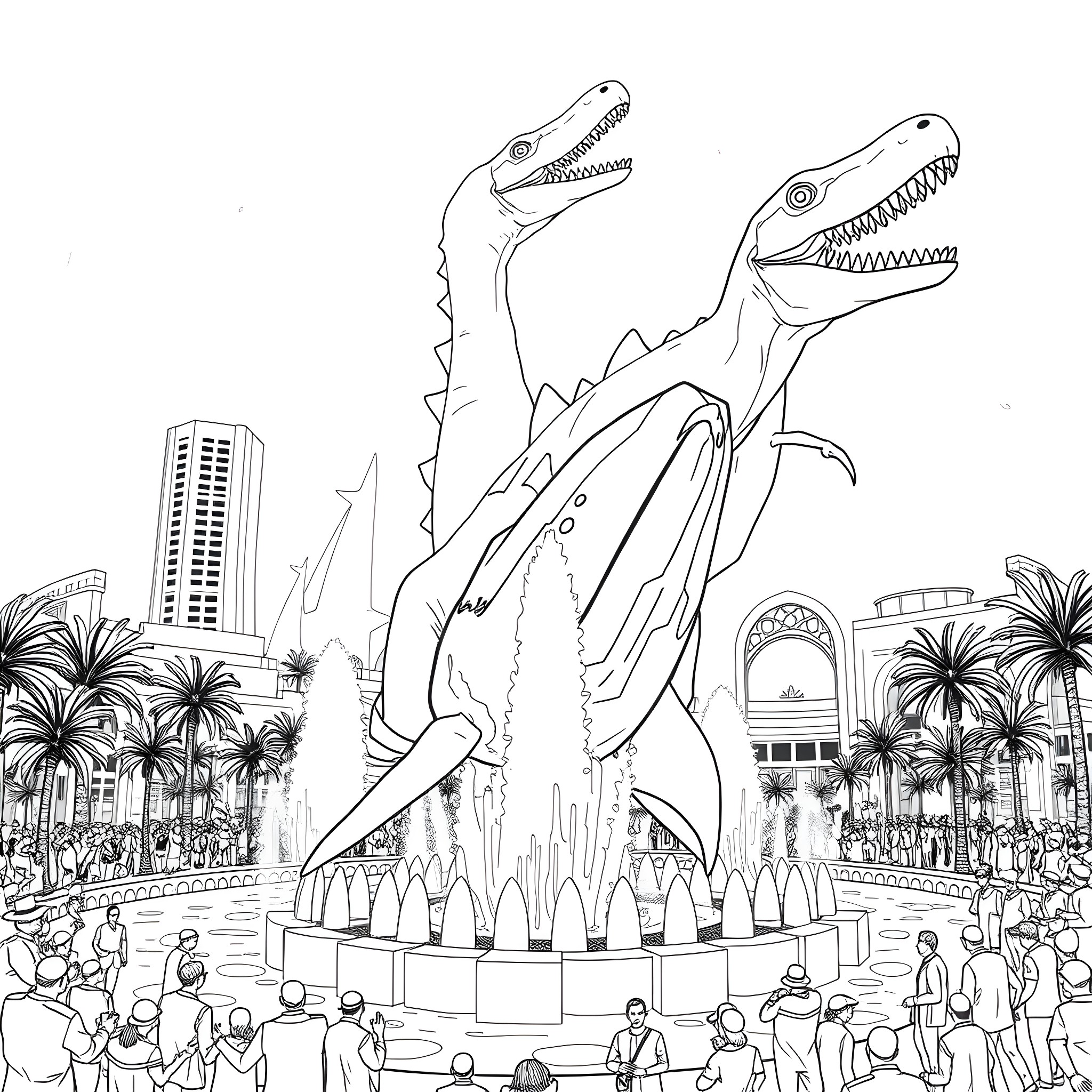 Megalodon Dinosaurs Towering Over City Skyline Coloring Page (free black-and-white line drawing printable PDF for all, from beginners to advanced learners, including children, teens, adults, and seniors)