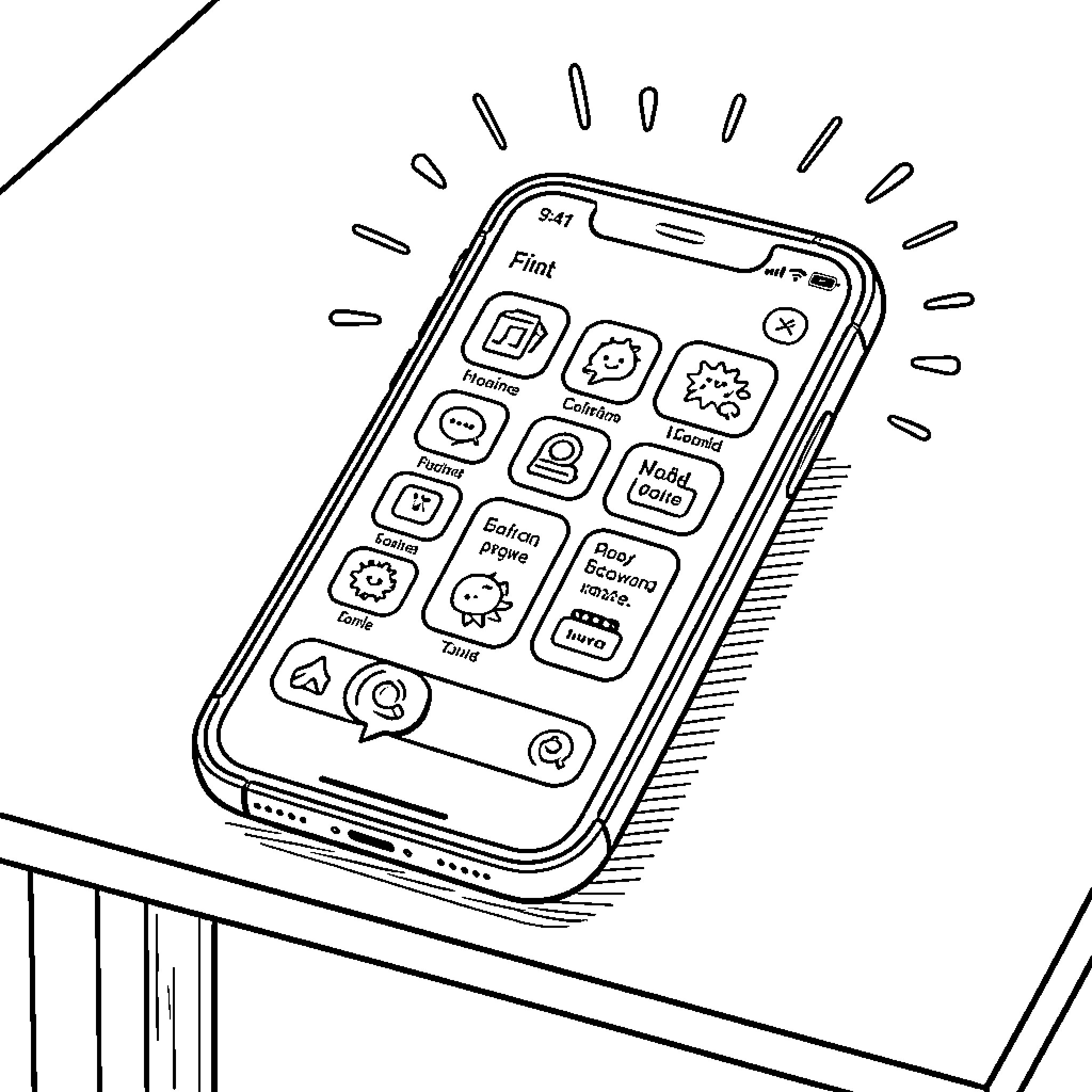 Phone display with various app icons Coloring Page (free black-and-white line drawing printable PDF for all, from beginners to advanced learners, including children, teens, adults, and seniors)