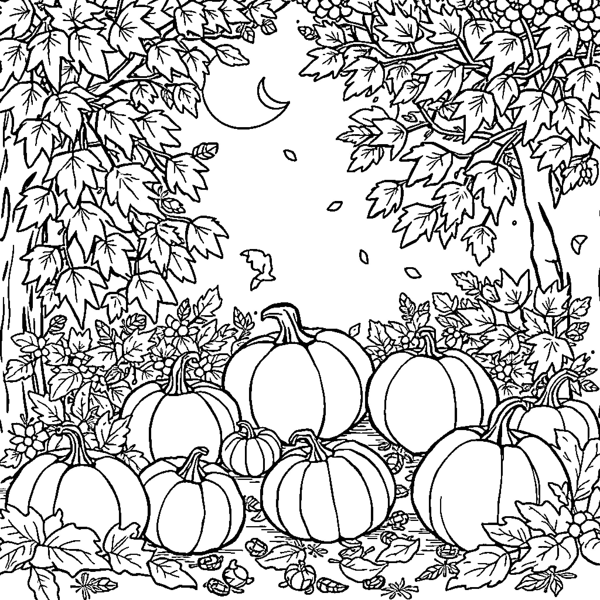 Fall foliage and pumpkins in the moonlight Coloring Page (free black-and-white line drawing printable PDF for all, from beginners to advanced learners, including children, teens, adults, and seniors)