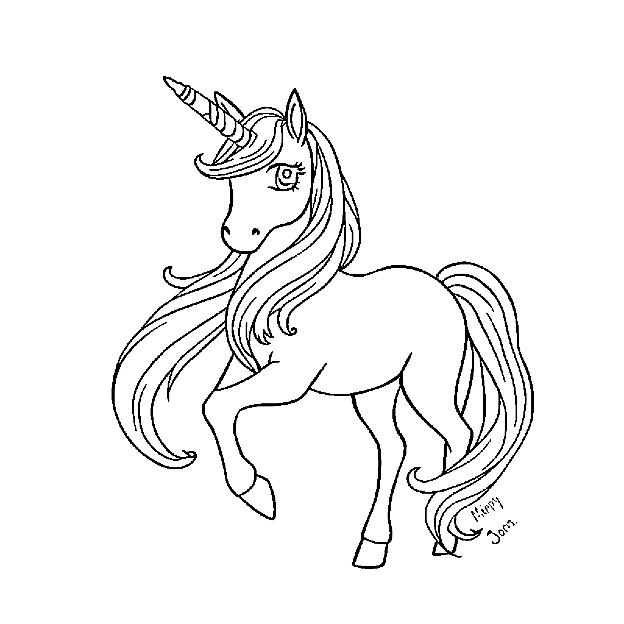 Unicorn with flowing mane and horn Coloring Page (free black-and-white line drawing printable PDF for all, from beginners to advanced learners, including children, teens, adults, and seniors)