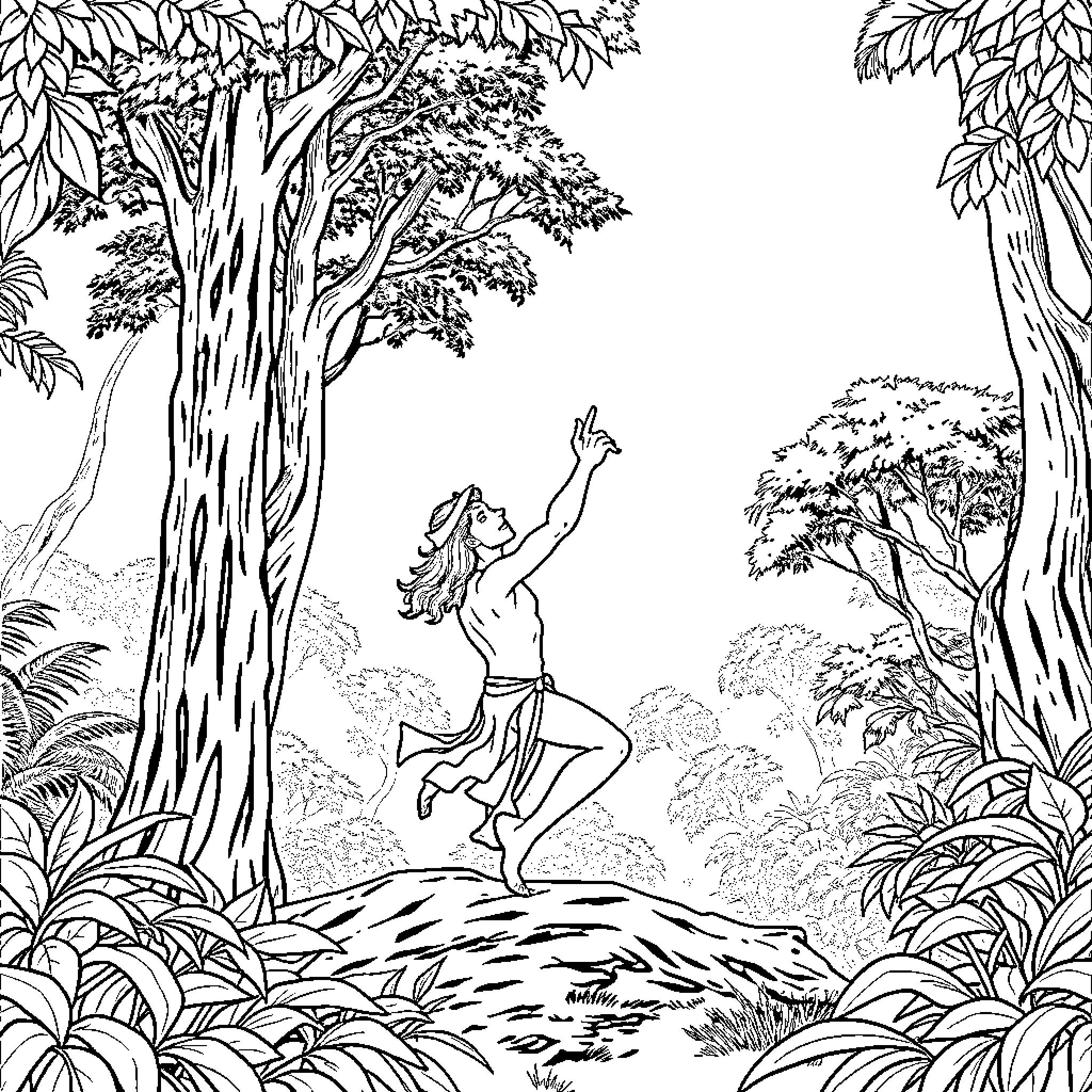 Tarzan swinging through the jungle Coloring Page (free black-and-white line drawing printable PDF for all, from beginners to advanced learners, including children, teens, adults, and seniors)