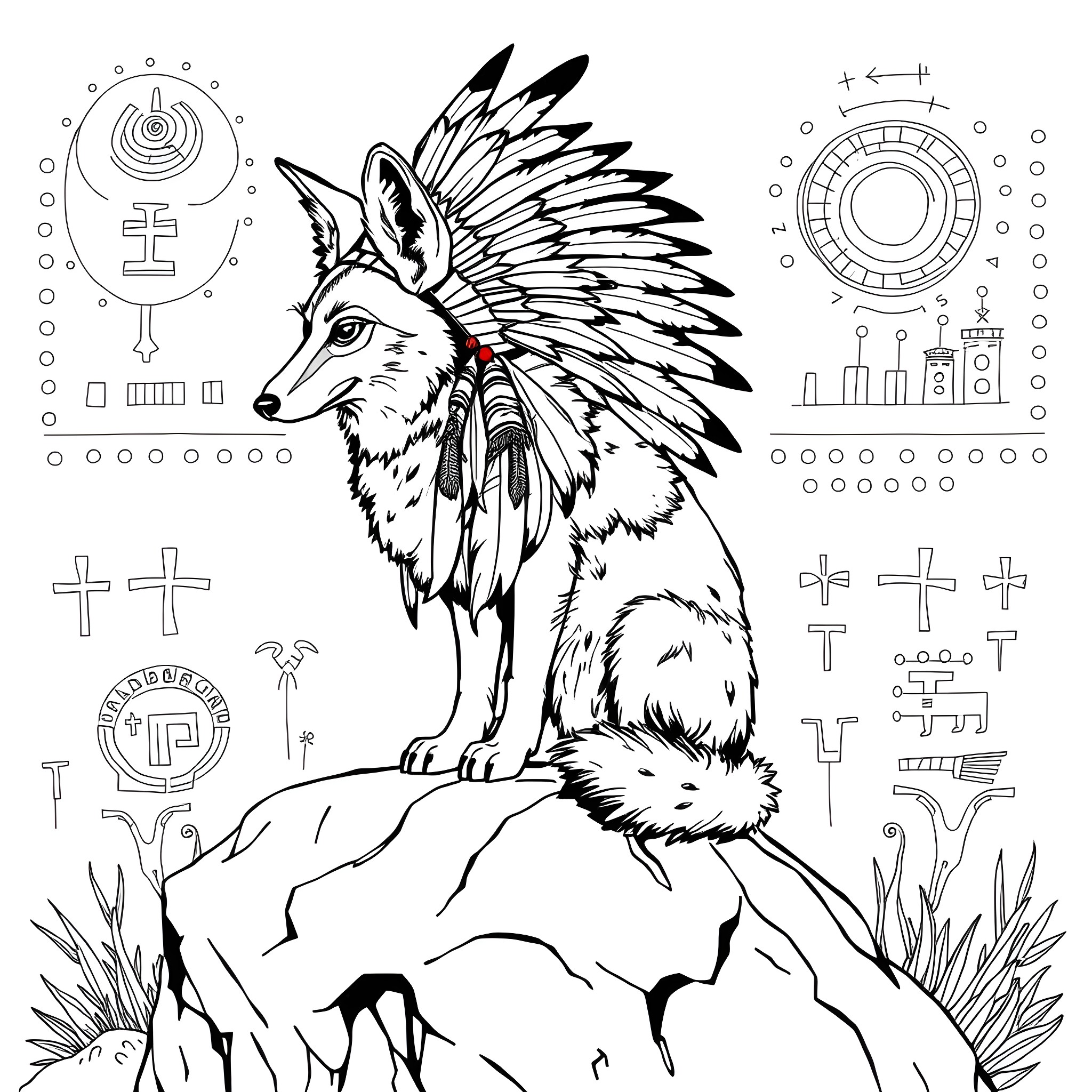Coyote adorned with feathers in a mystical landscape Coloring Page (free black-and-white line drawing printable PDF for all, from beginners to advanced learners, including children, teens, adults, and seniors)