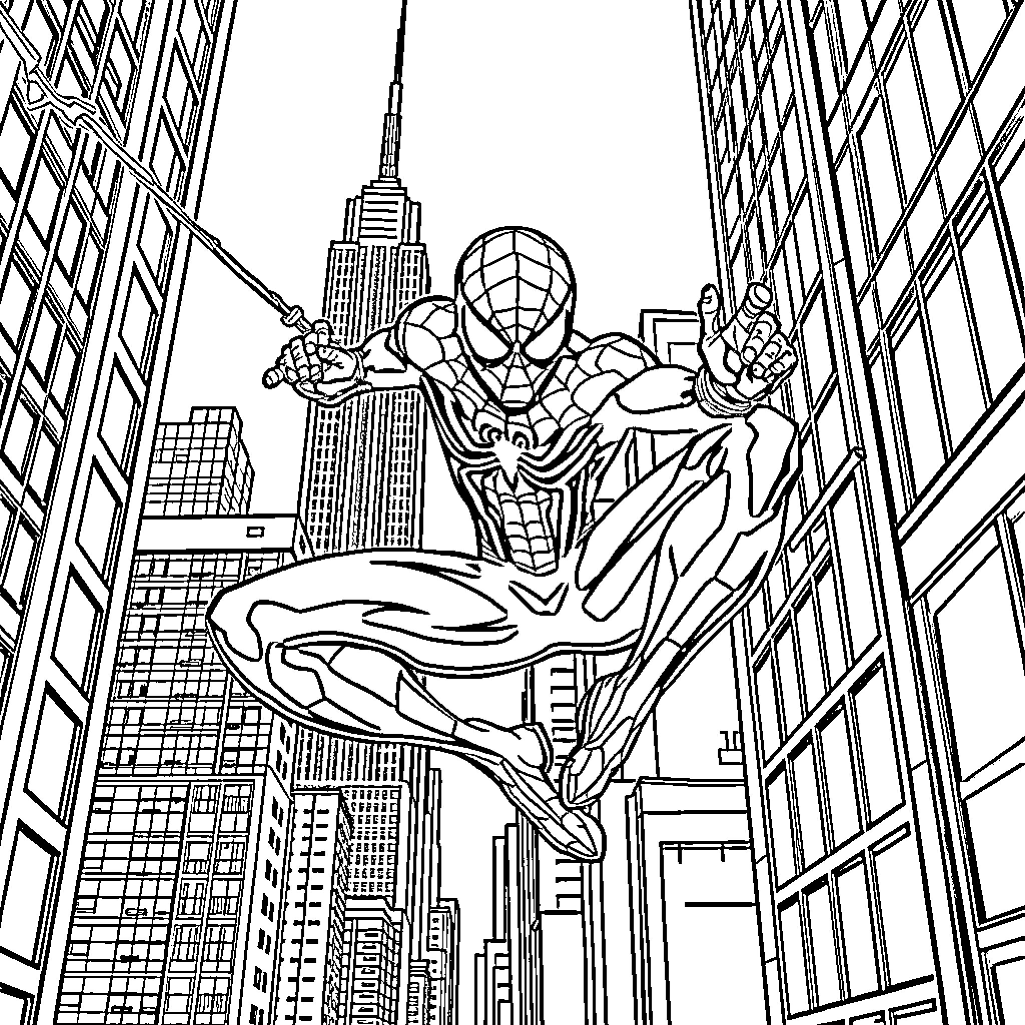 Spiderman soaring through the city skyline Coloring Page (free black-and-white line drawing printable PDF for all, from beginners to advanced learners, including children, teens, adults, and seniors)