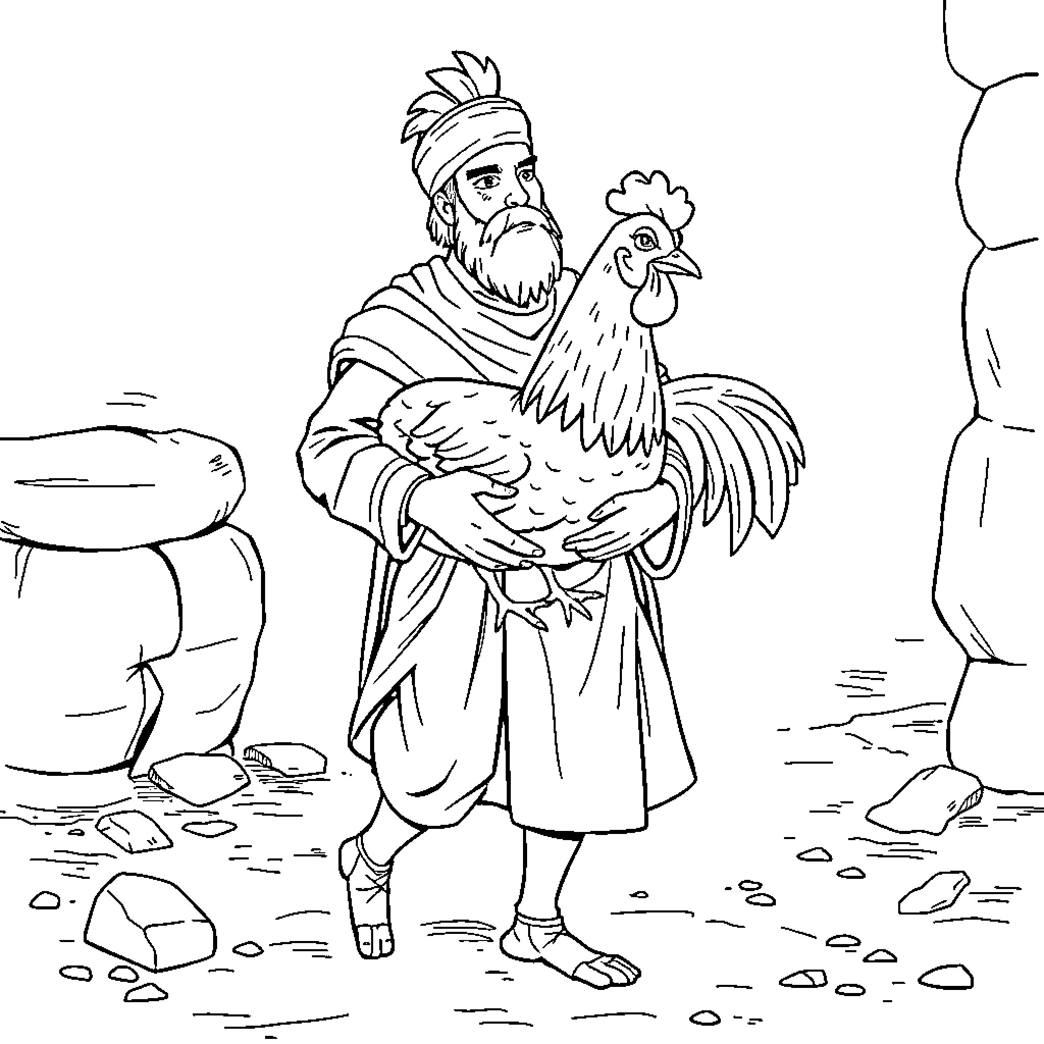 Marco Polo exploring the wilderness with a rooster Coloring Page (free black-and-white line drawing printable PDF for all, from beginners to advanced learners, including children, teens, adults, and seniors)